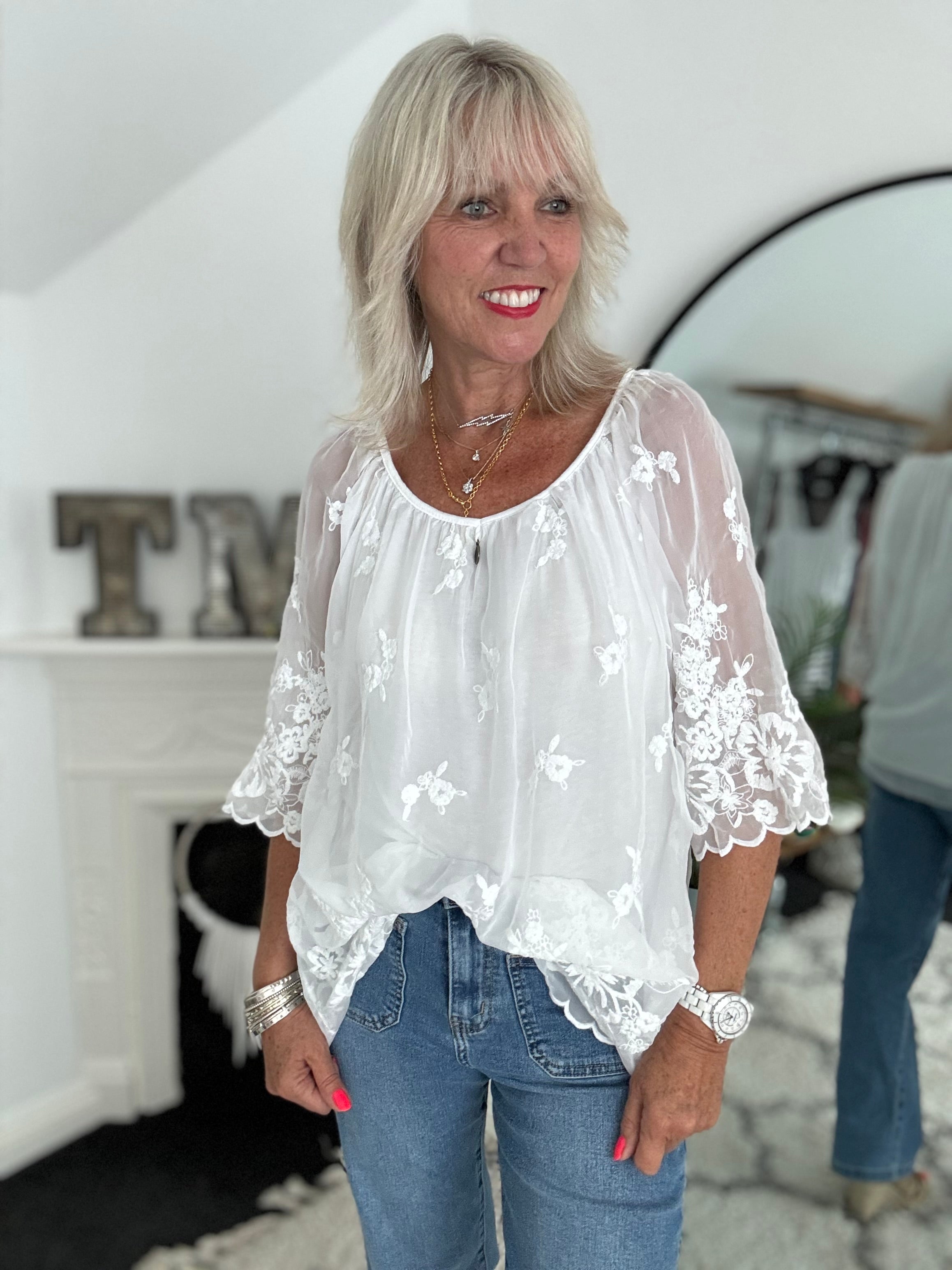 Silky Blouse with Embroidered Flowers in White