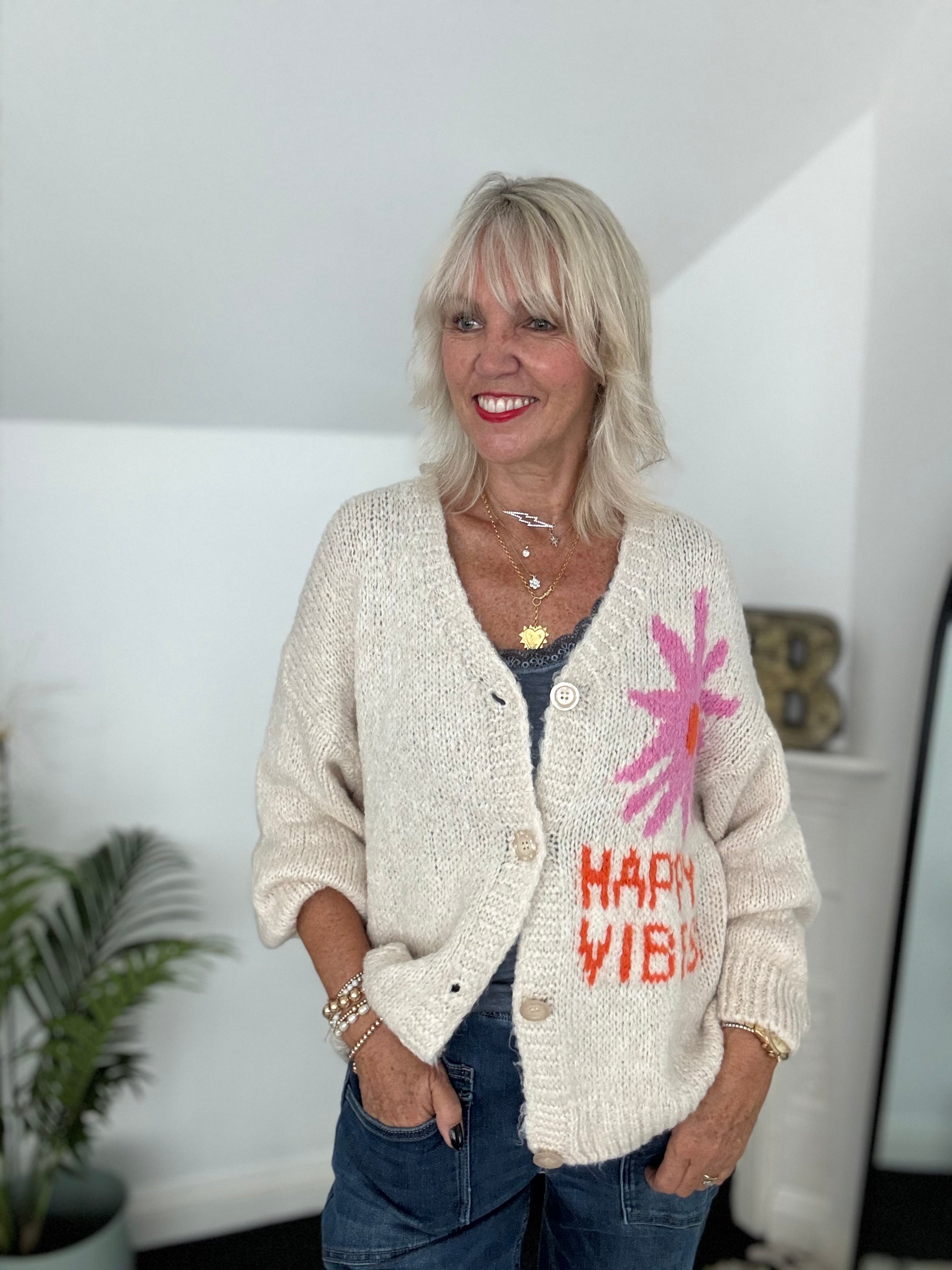Oversized Happy Vibes Cardi in Stone