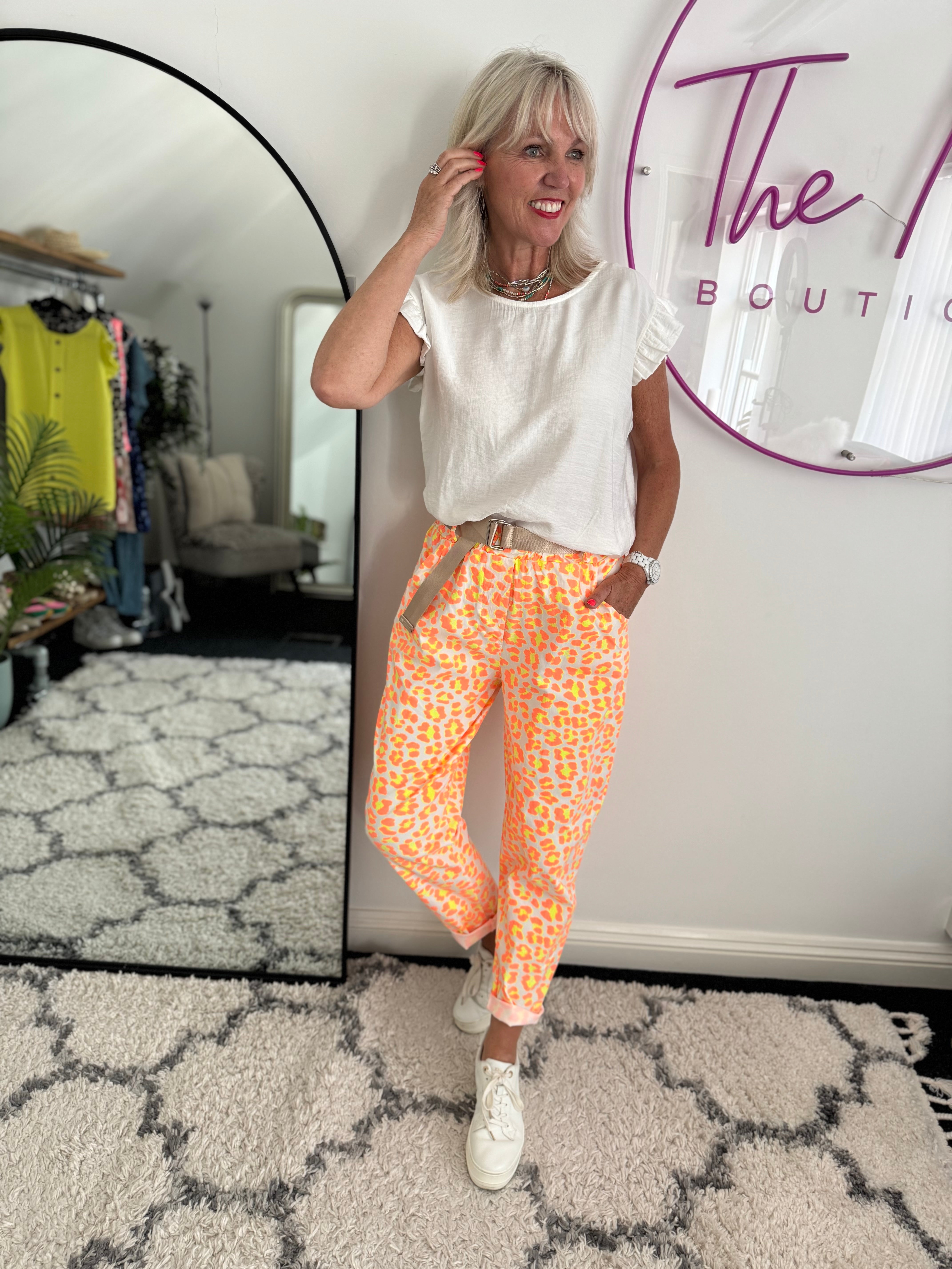 Barrel Leg Super Stretch Joggers in Orange & Citrus Leopard