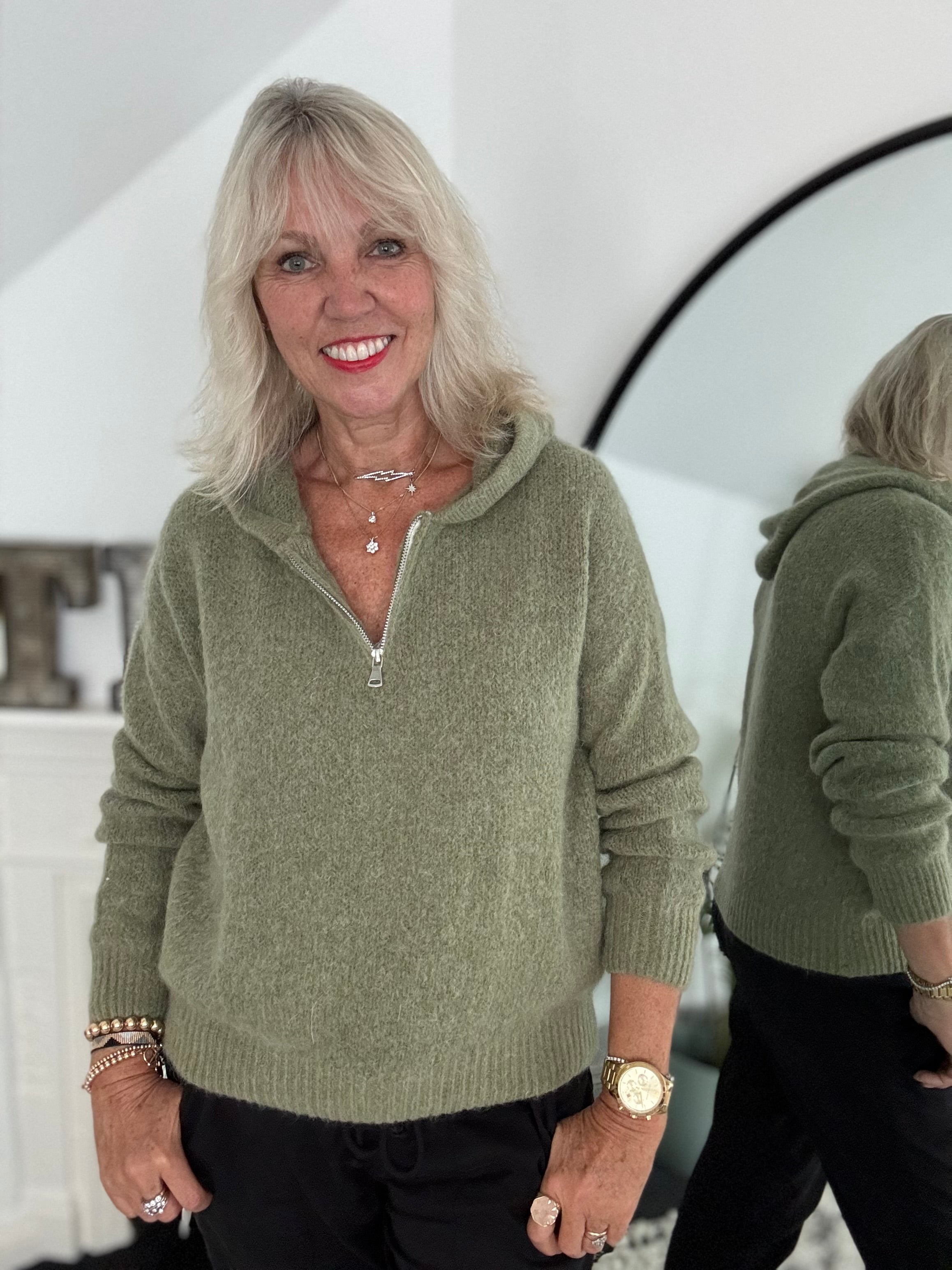 Hooded Mohair Jumper in Khaki Olive