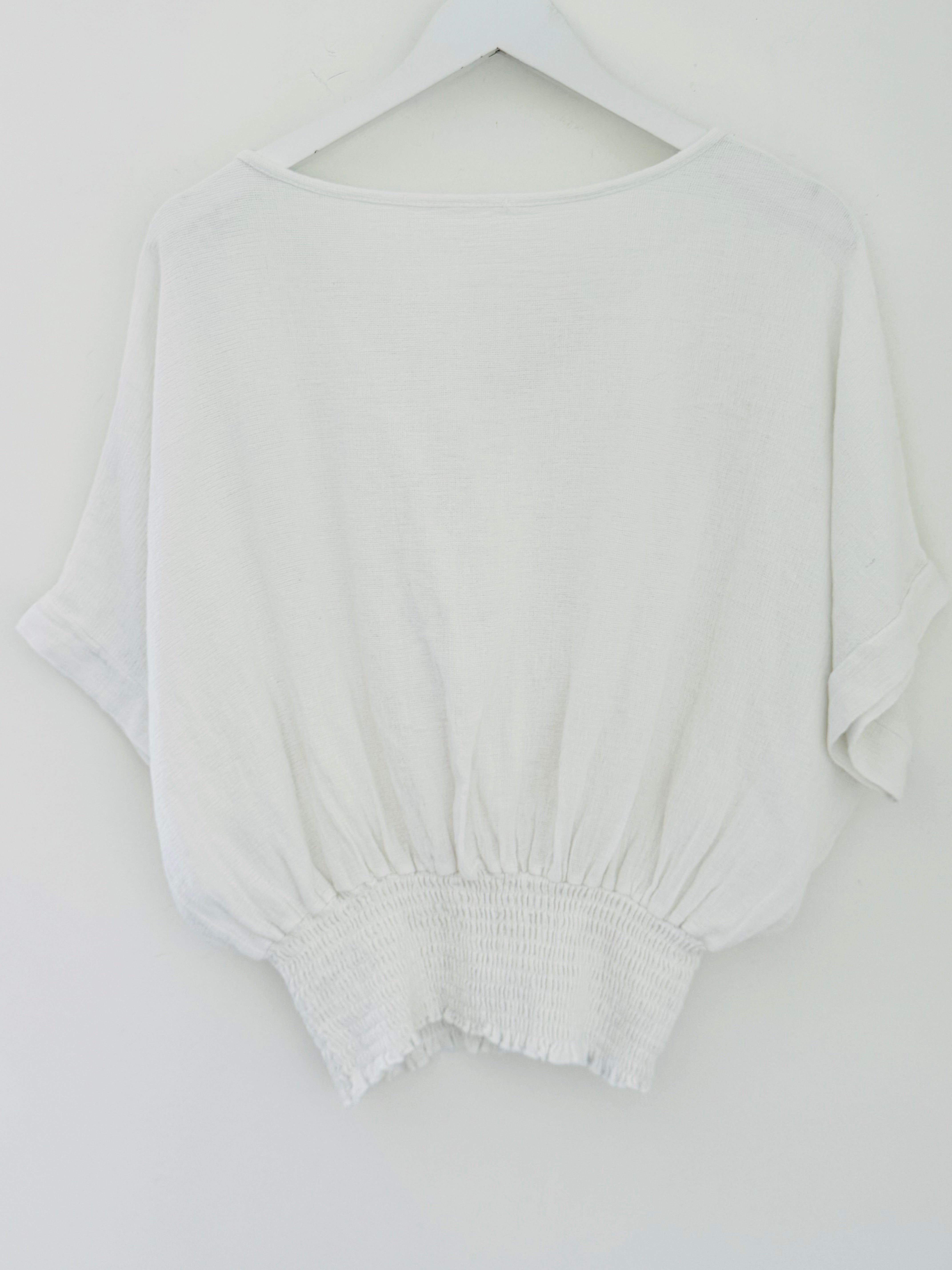 Linen & Cotton Top with Shirred Waist in White