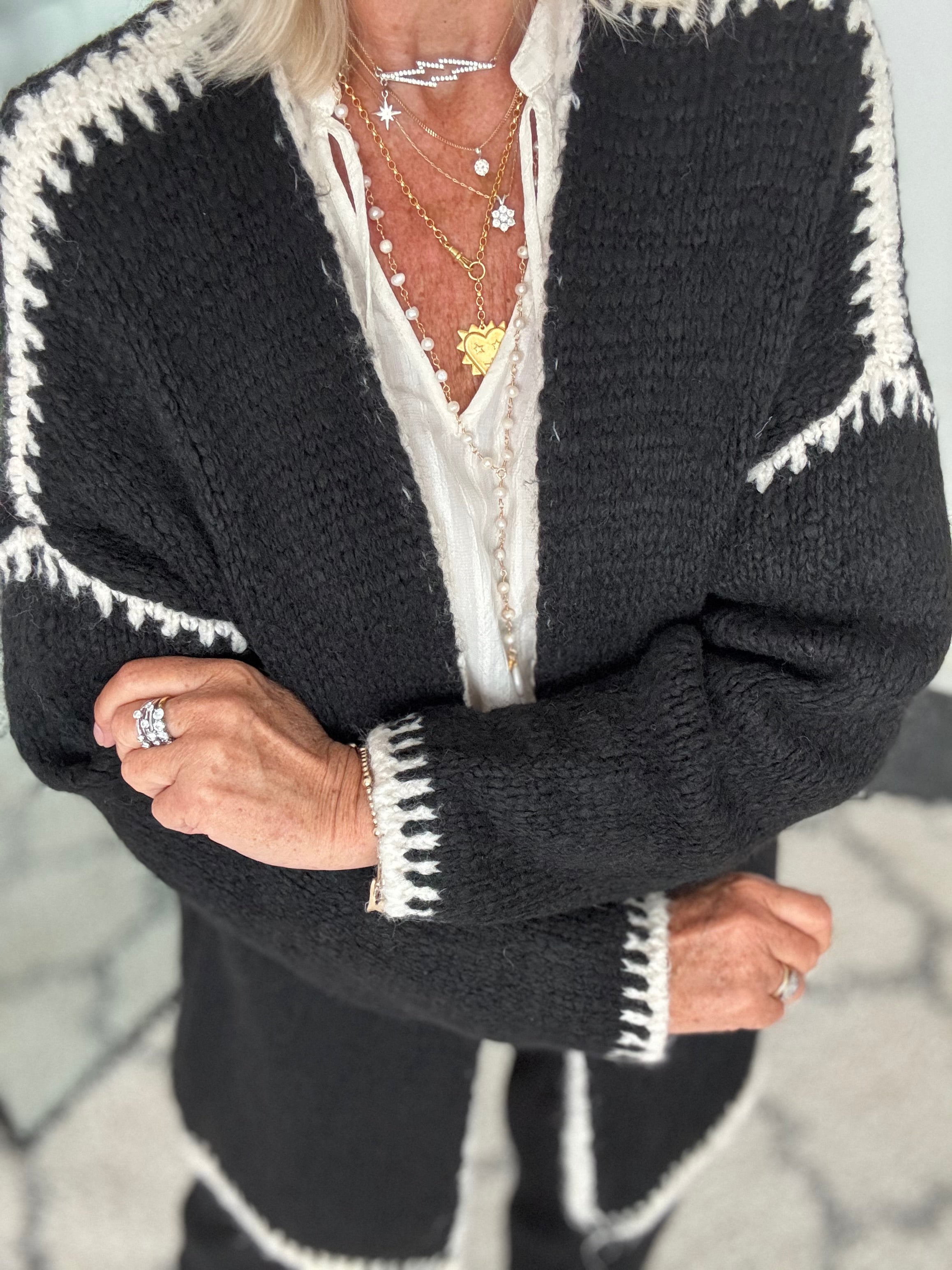 Whip Stitch Cardi in Black & Ecru