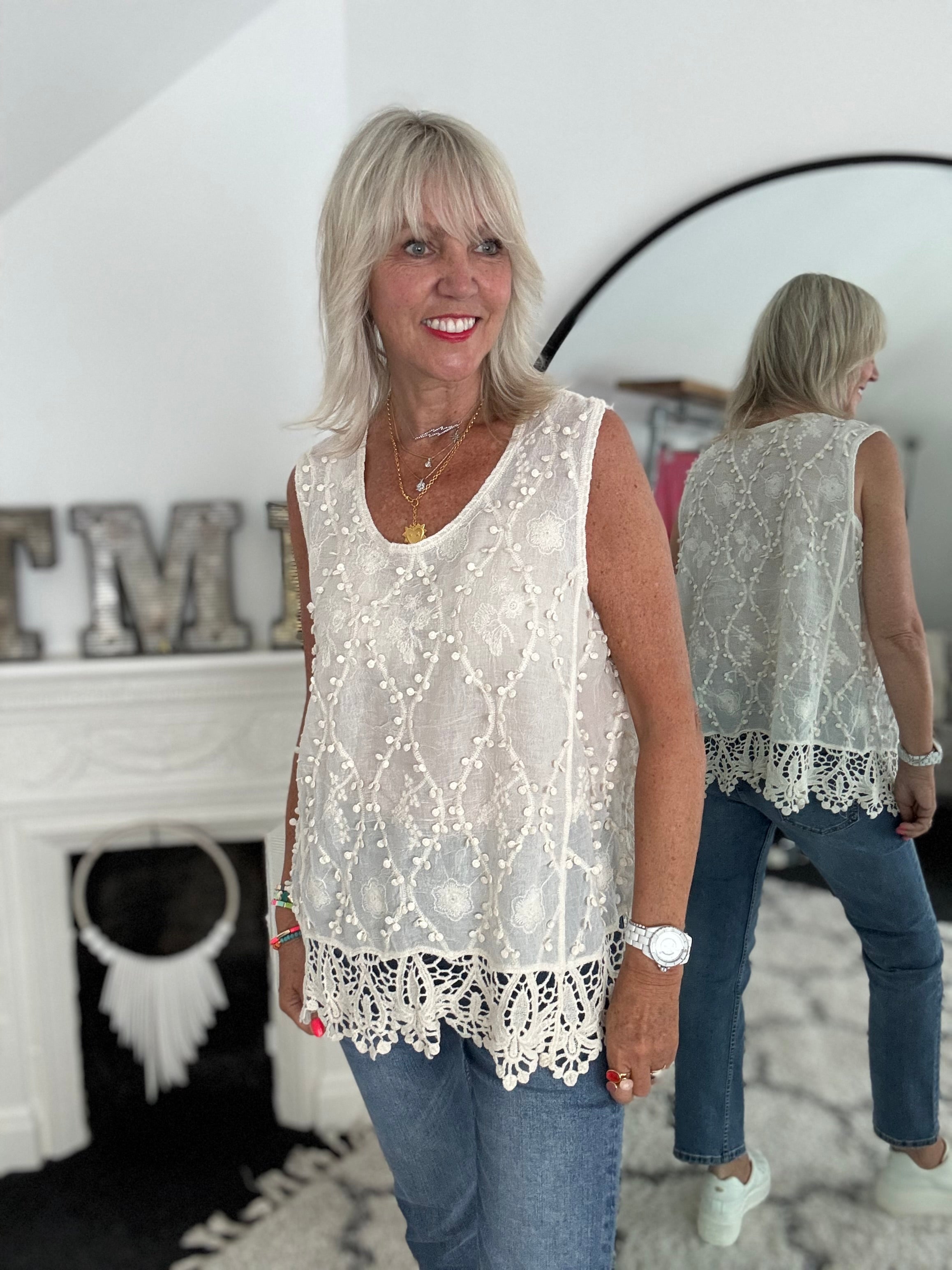 Embroidered Cotton Vest in Ecru