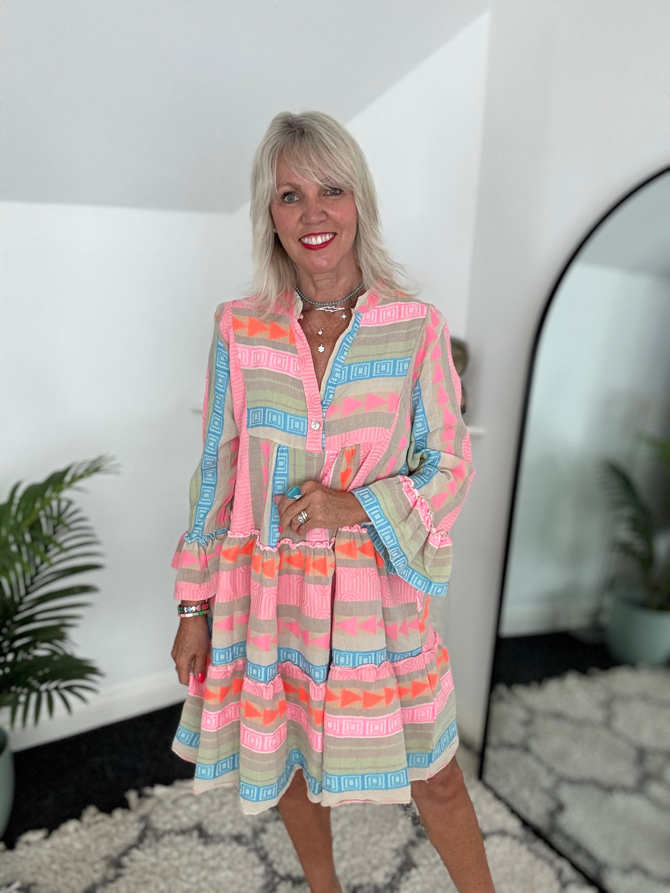 Embroidered Knee Length Dress in Khaki & Pink