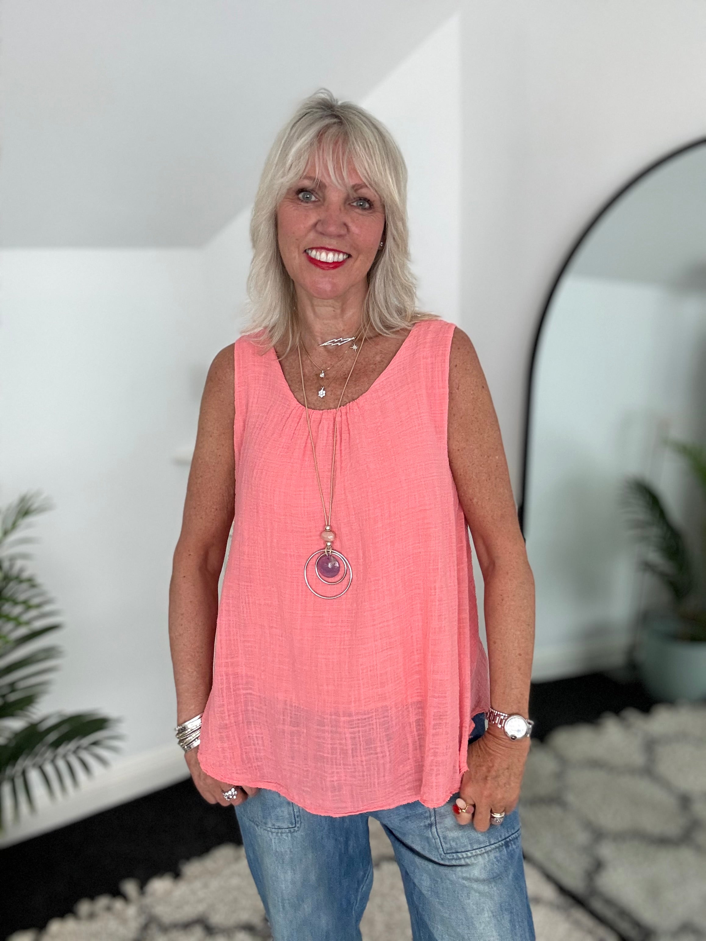 Cotton Top with Necklace in Coral