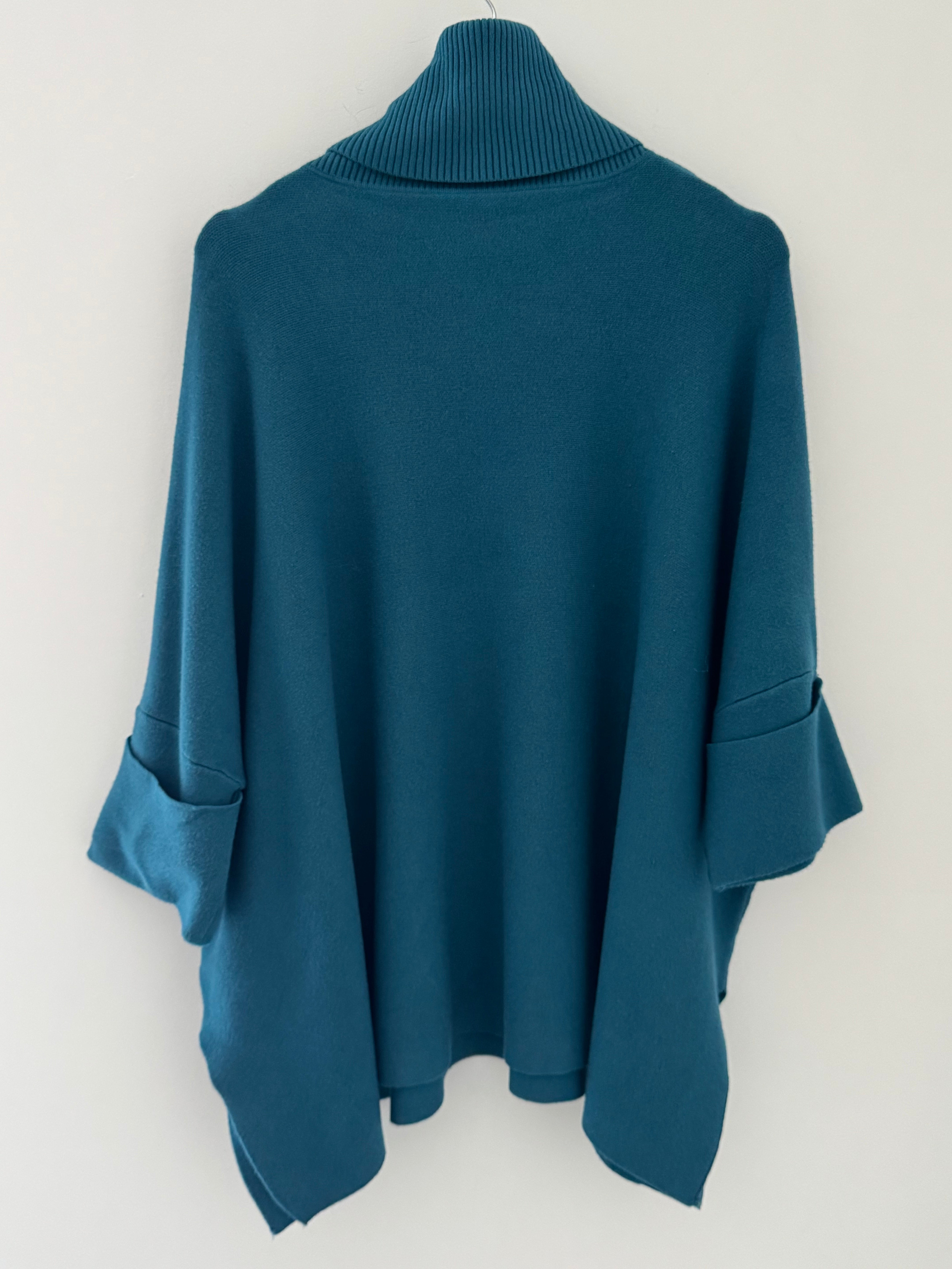 Oversized Roll Neck Poncho Jumper in Teal