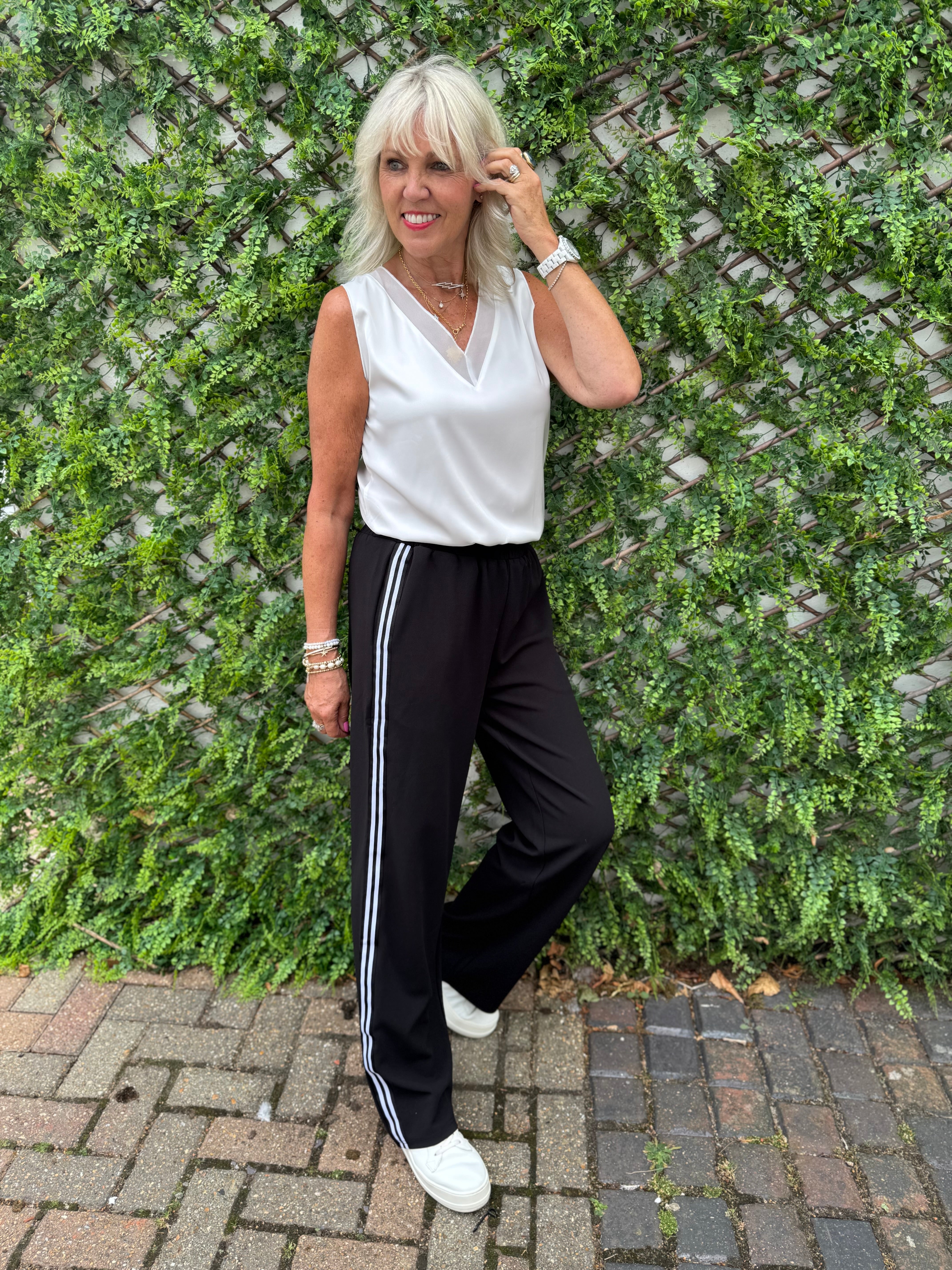 Wide Leg Crepe Trousers in Black with White Stripe