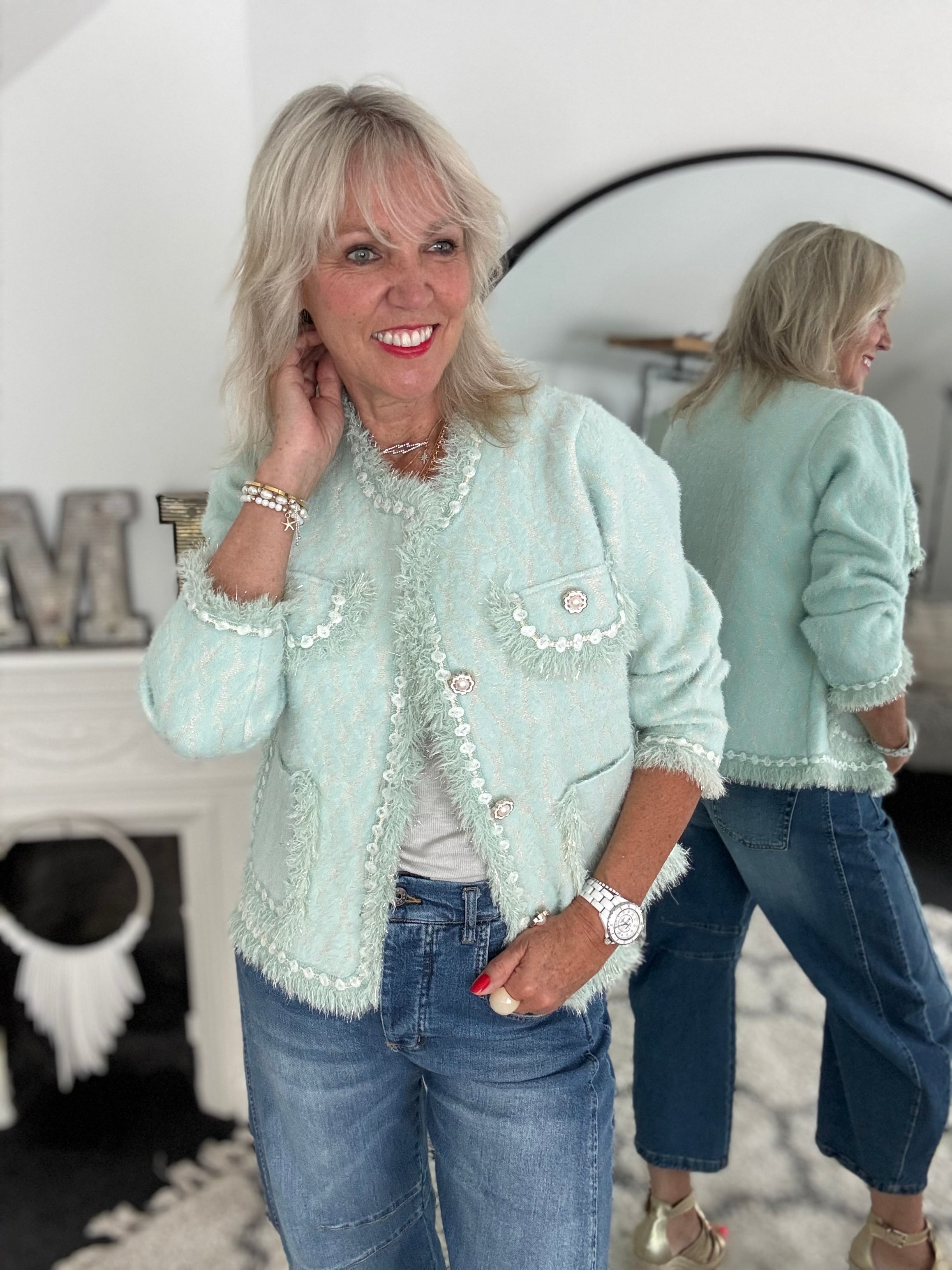 Flower Button & Tweed Cardi Jacket in Aqua