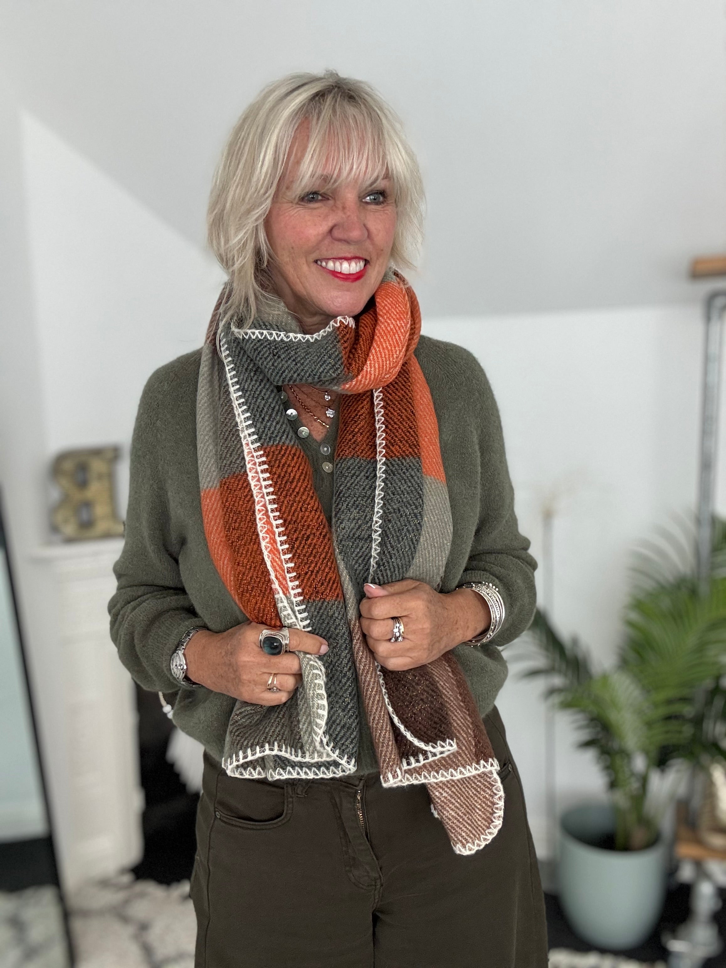 Super Soft Check Scarf in Khaki & Orange