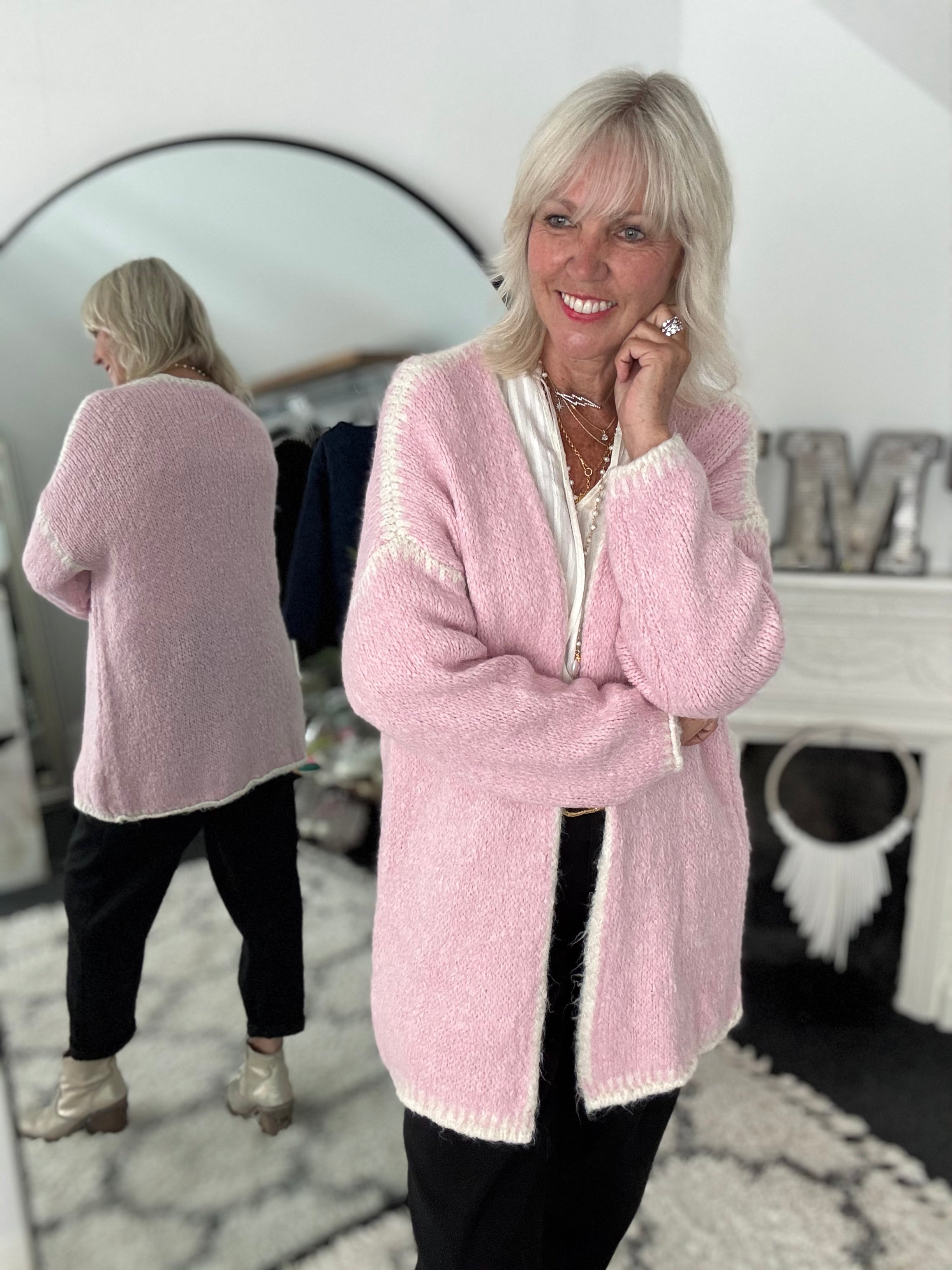 Whip Stitch Cardi in Pink & Ivory