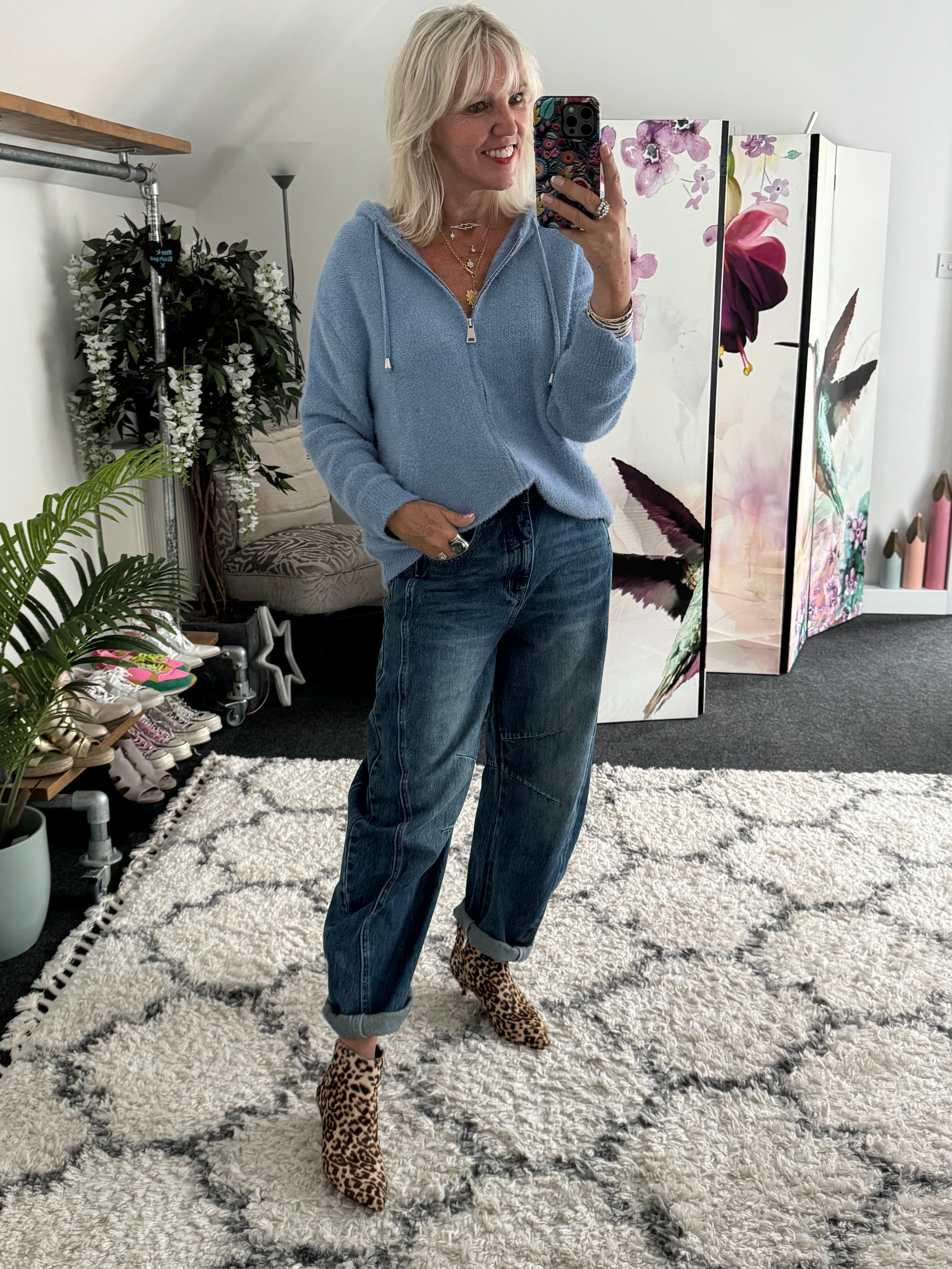 Soft Hooded Knit with Pockets in Blue