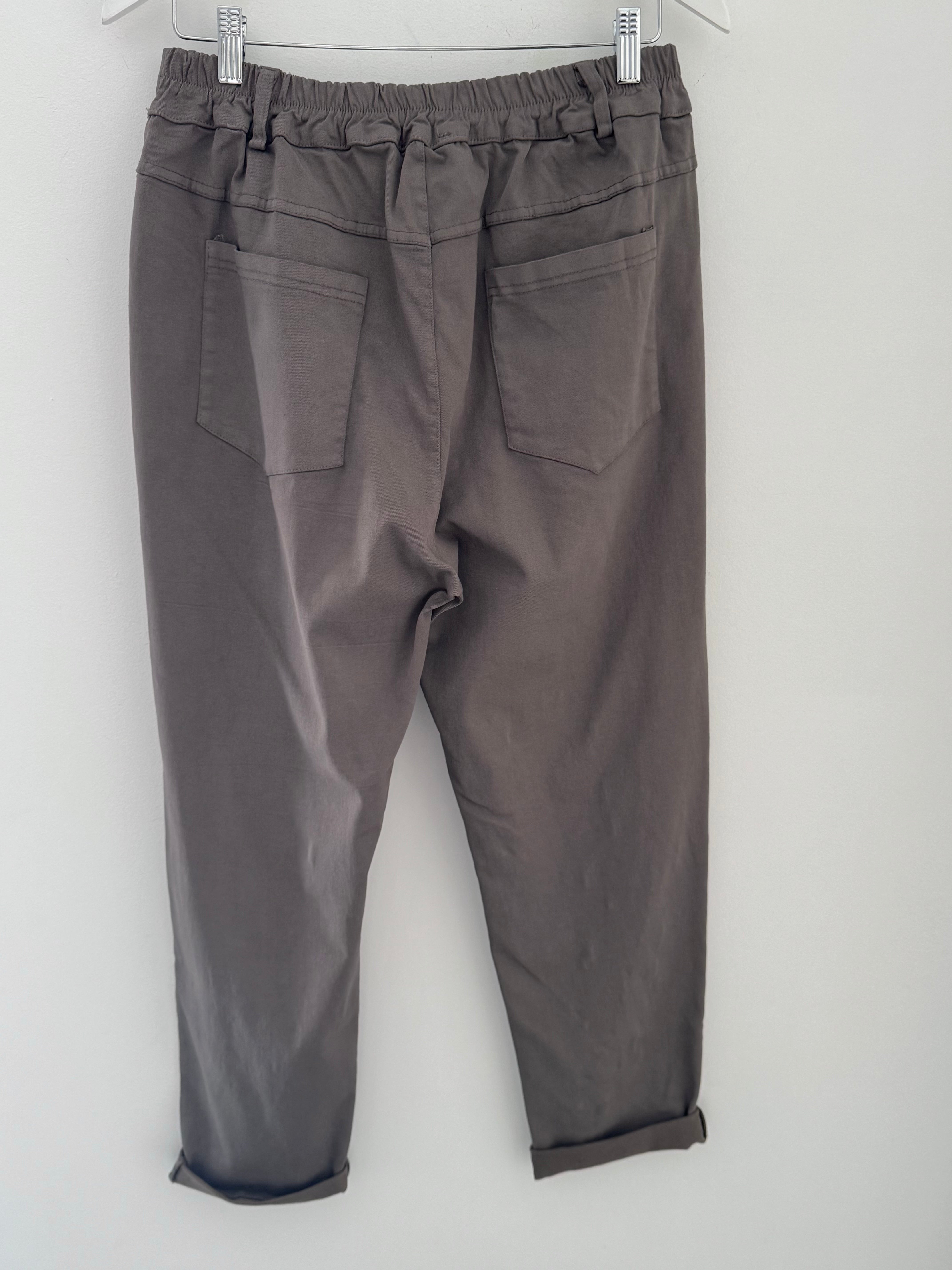 Luxe Stretch Trousers with Ruffle Pocket in Mocha