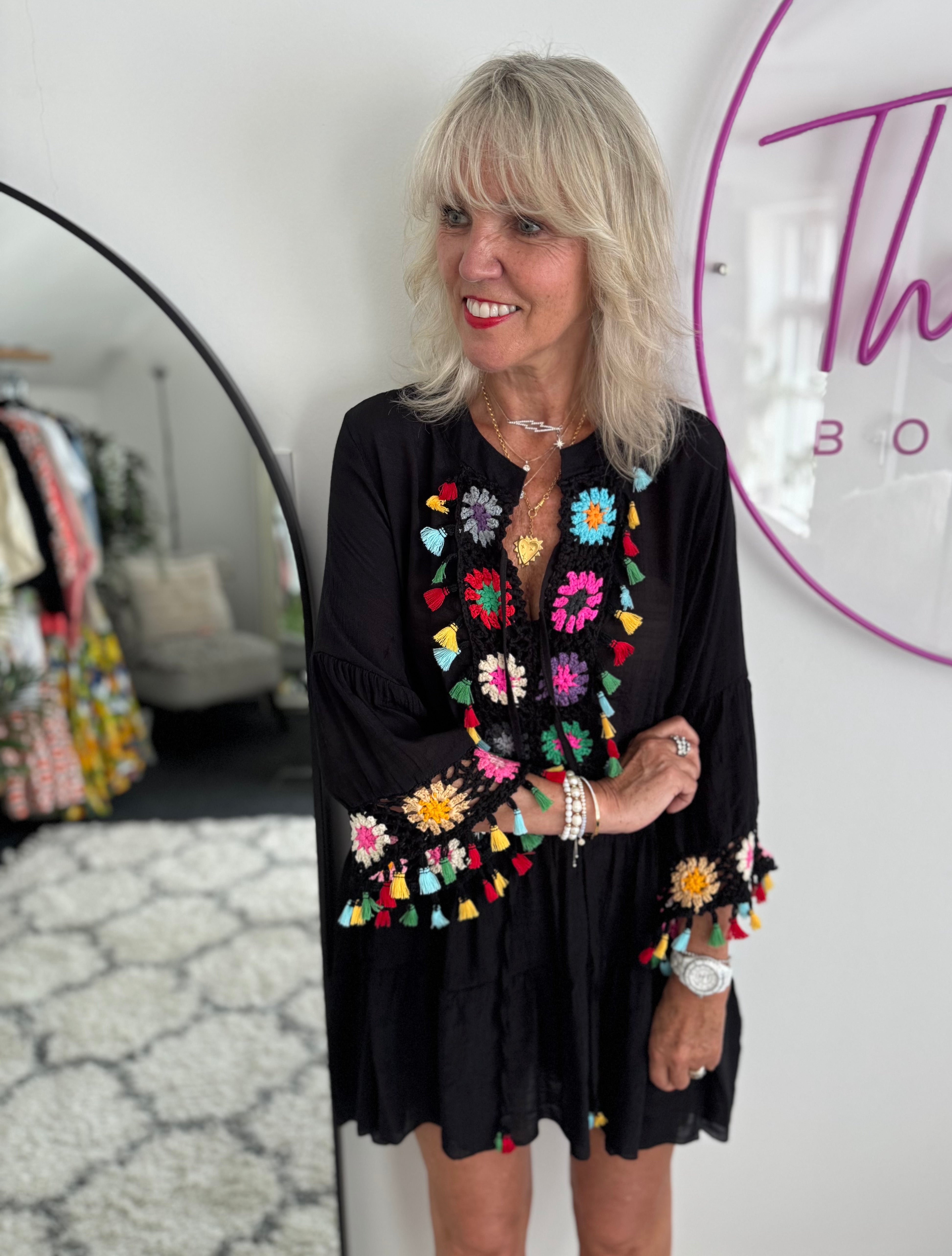 Cotton Mix Sundress with Crochet Detail in Black
