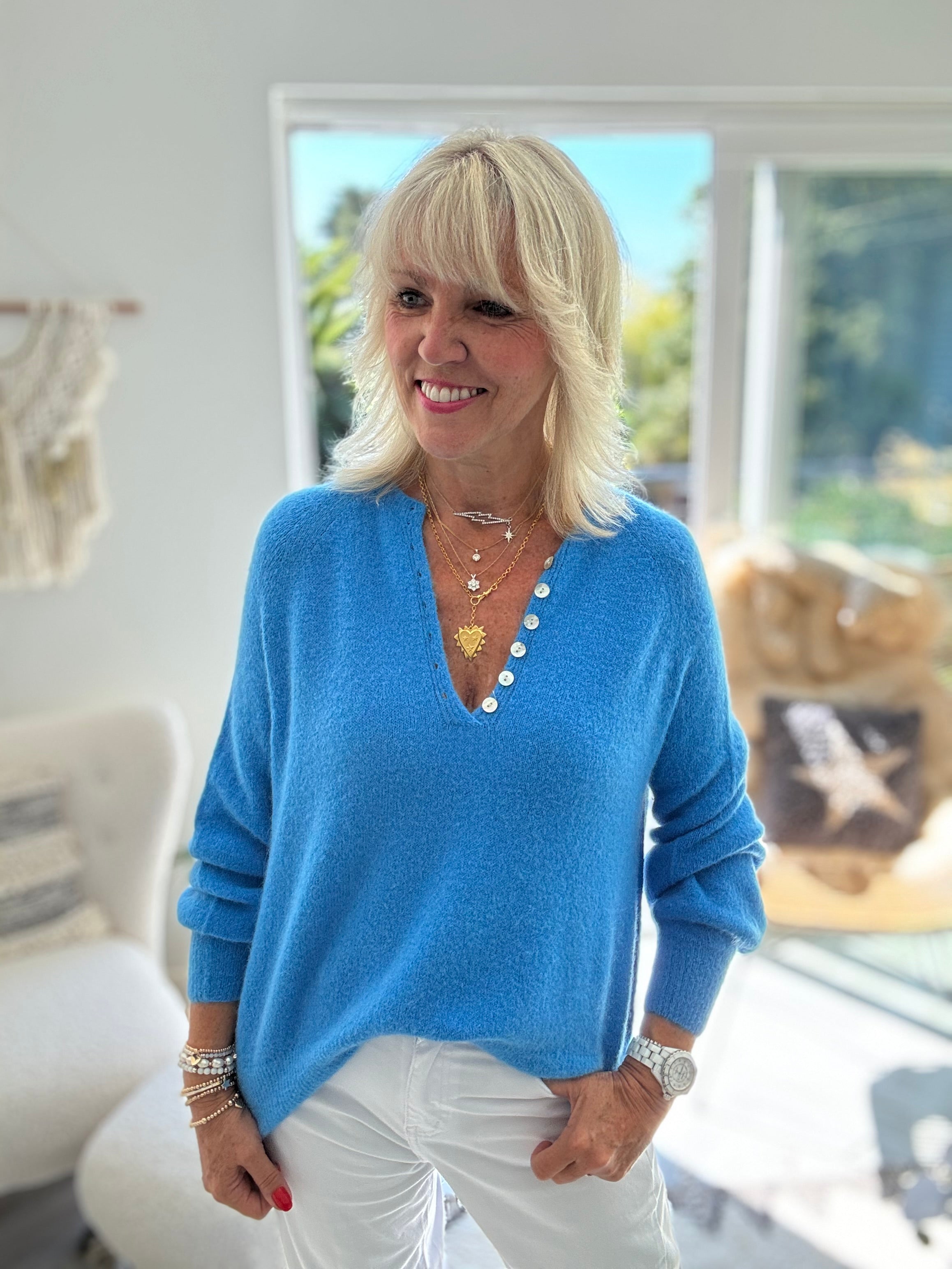 Softie Jumper with Button Neck in Sky Blue
