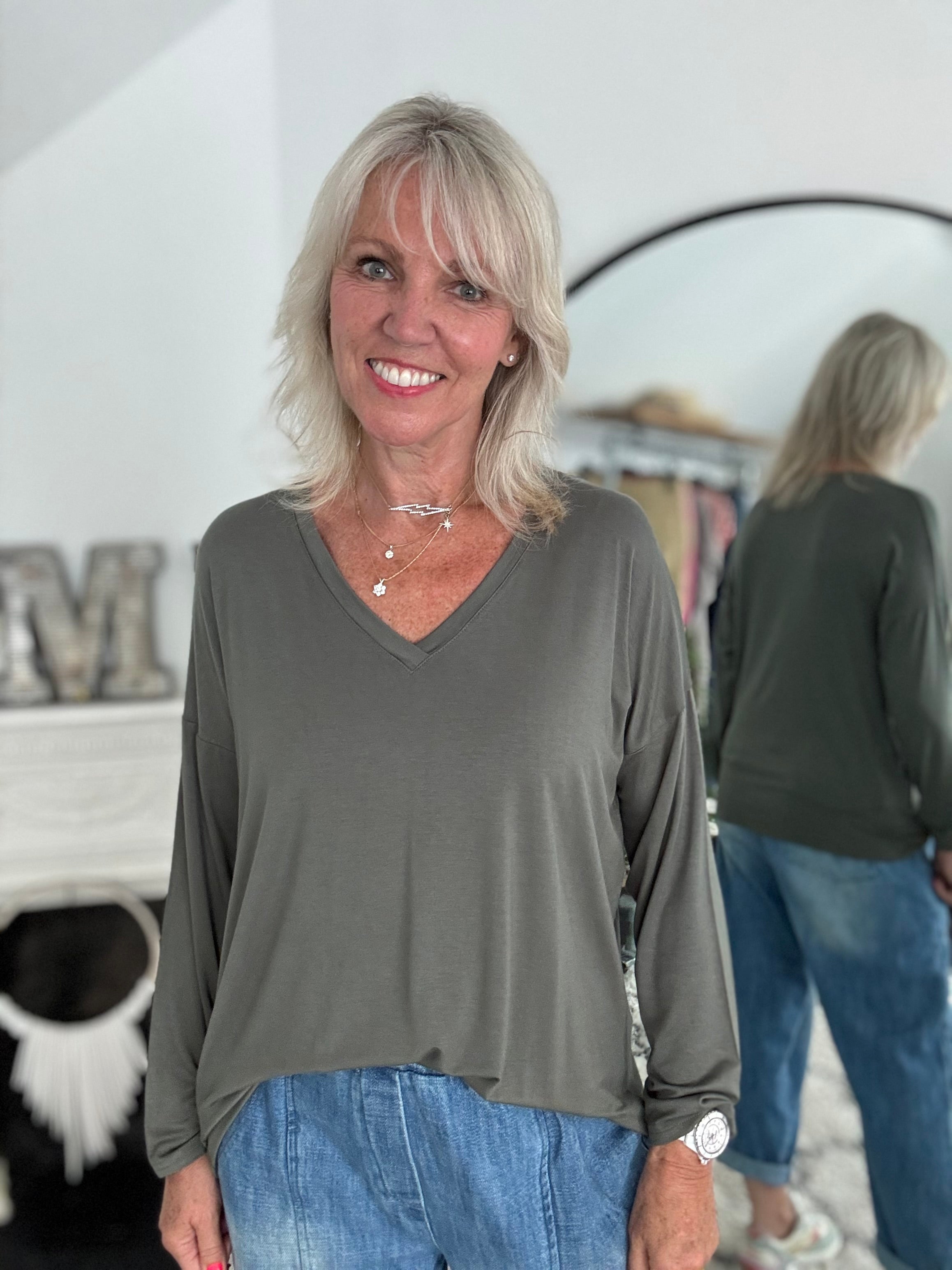 Bamboo Jersey V Neck Top in Khaki
