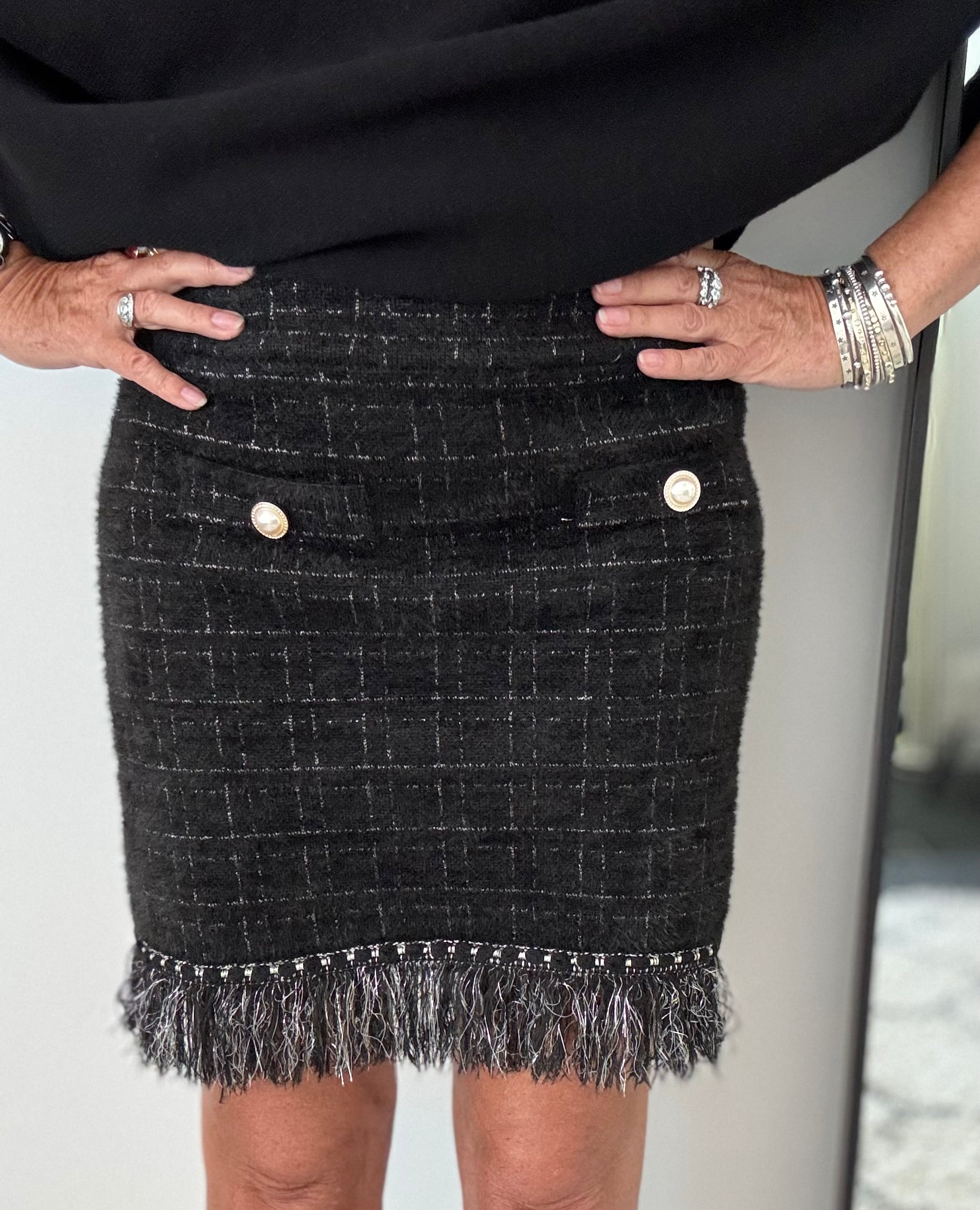 Pearl Button & Tweed Skirt in Black