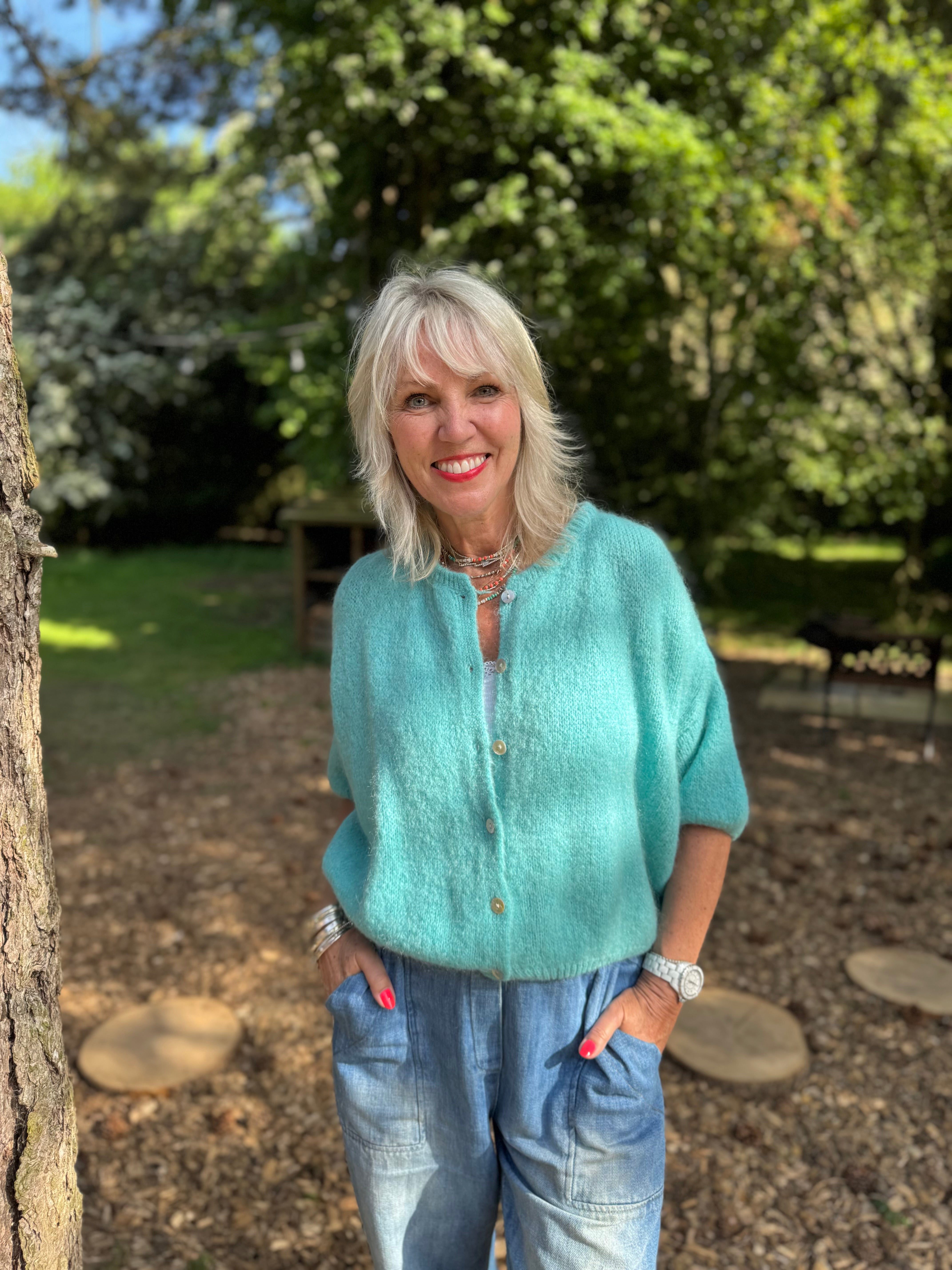 Cropped Sleeve Buttoned Cardi in Sea Green