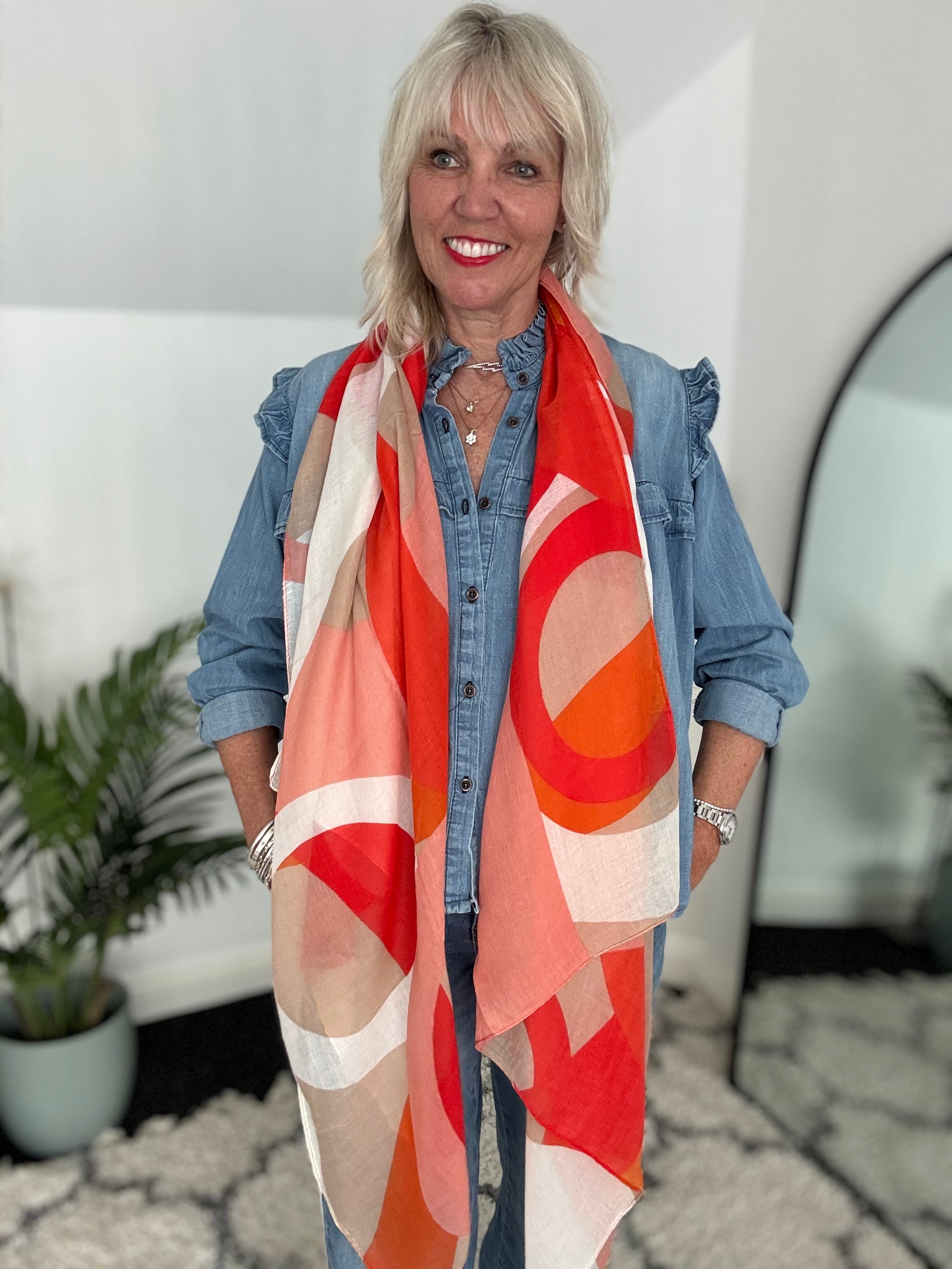 Abstract Print Scarf in Shades of Coral & Red