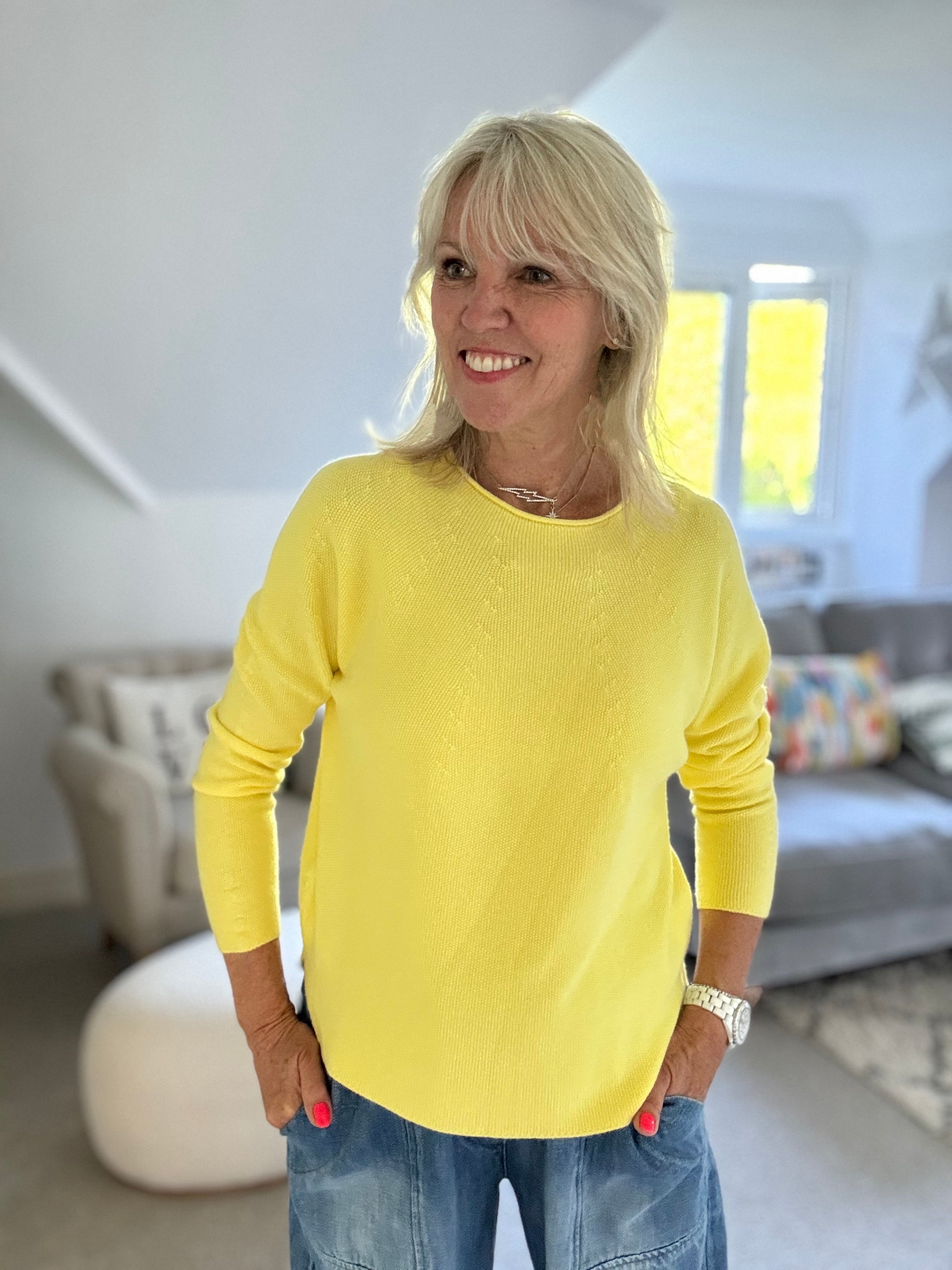 Moss Stitch Jumper with Ladder Back in Yellow