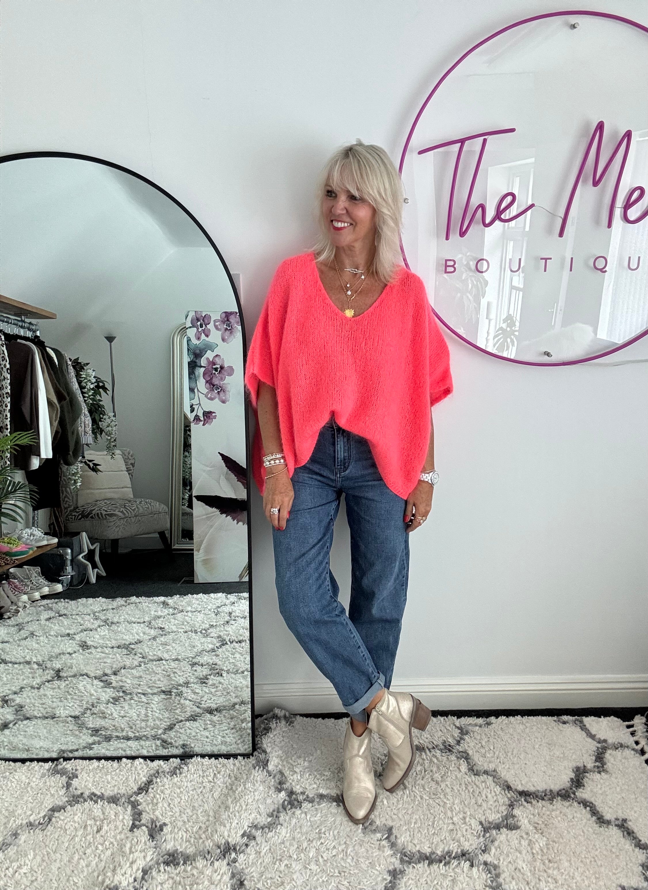 Oversized Mohair V Neck Tank in Neon Coral