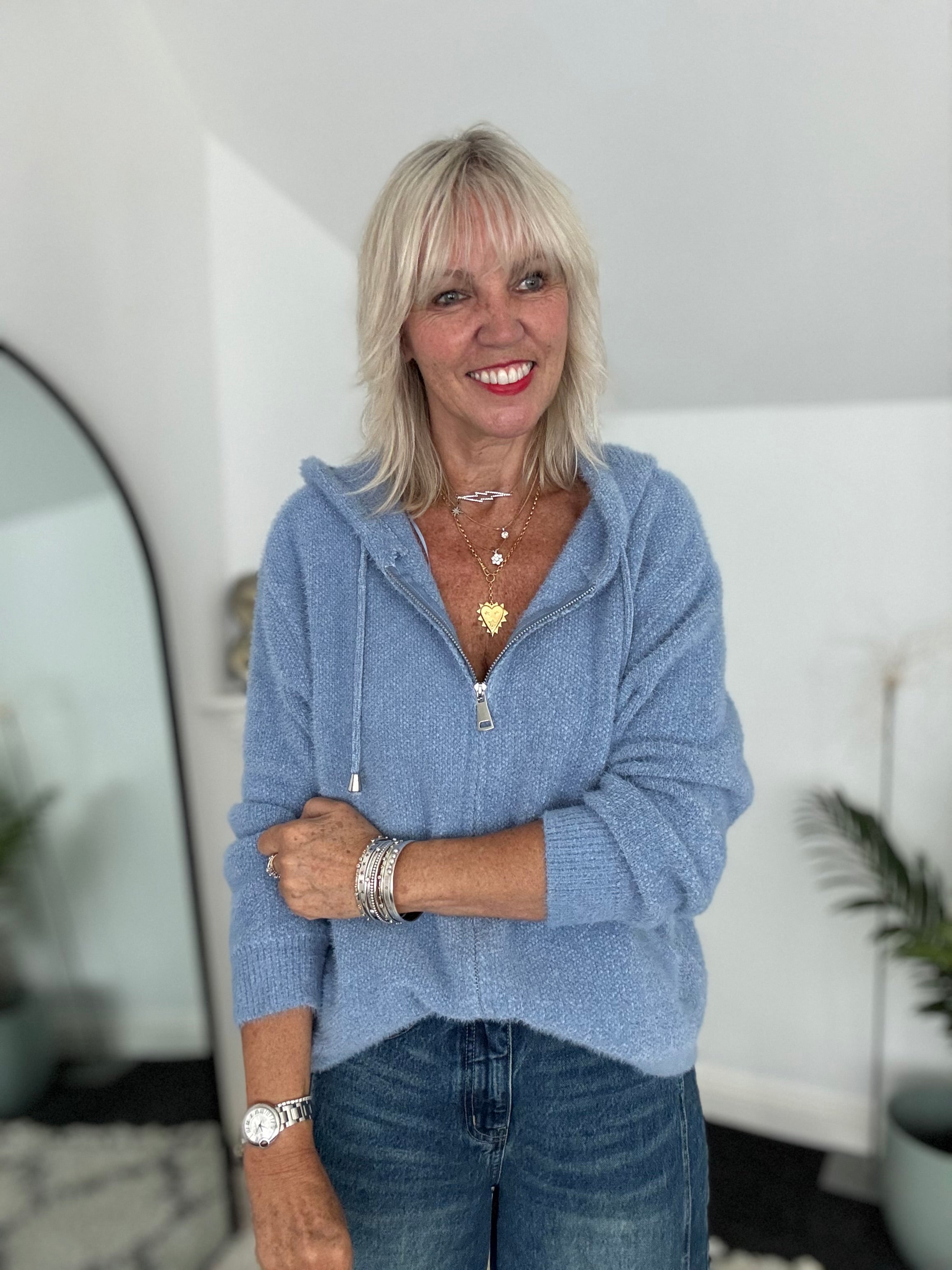 Soft Hooded Knit with Pockets in Blue