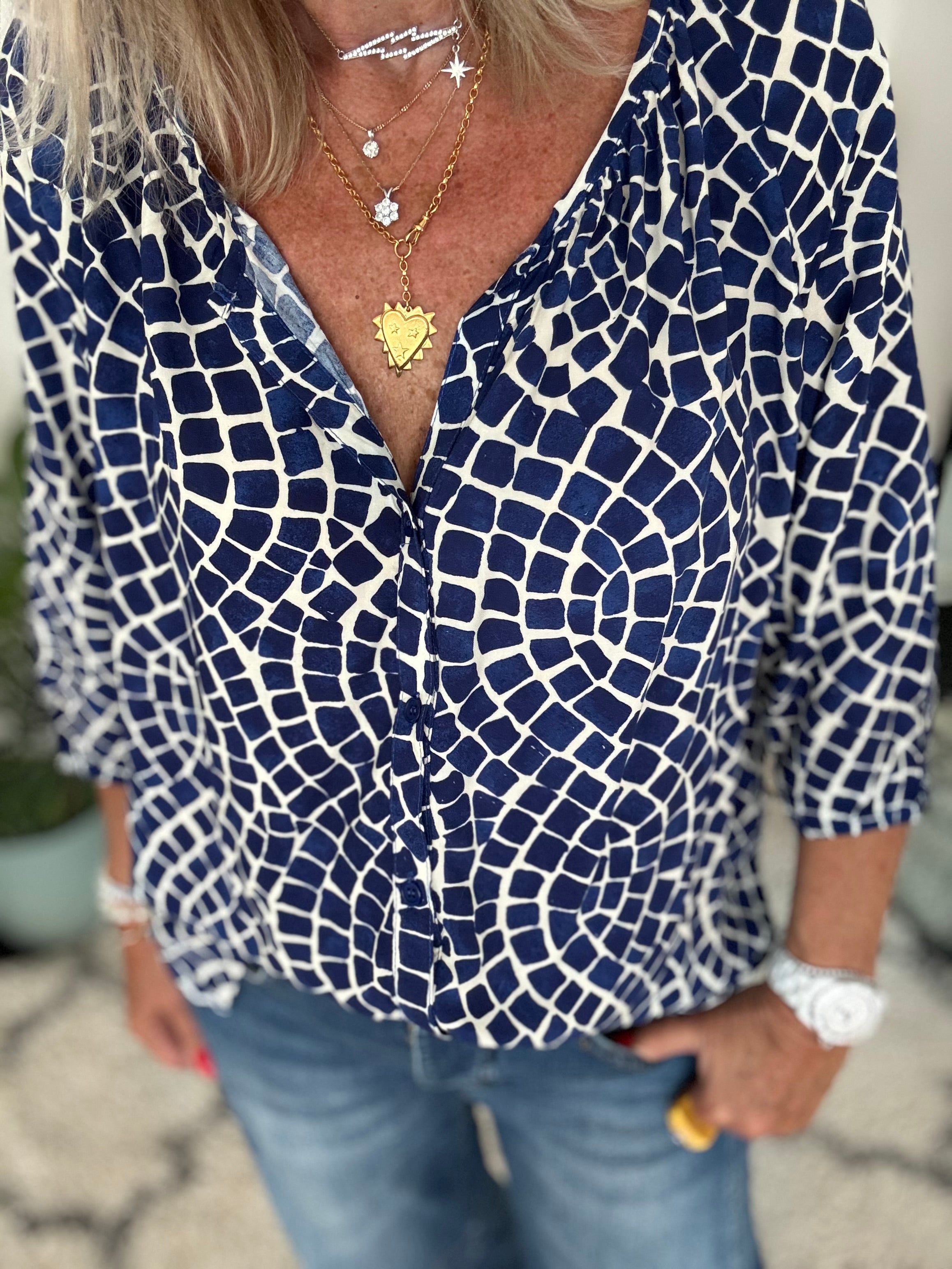 Mosaic Print Blouse in Deep Blue
