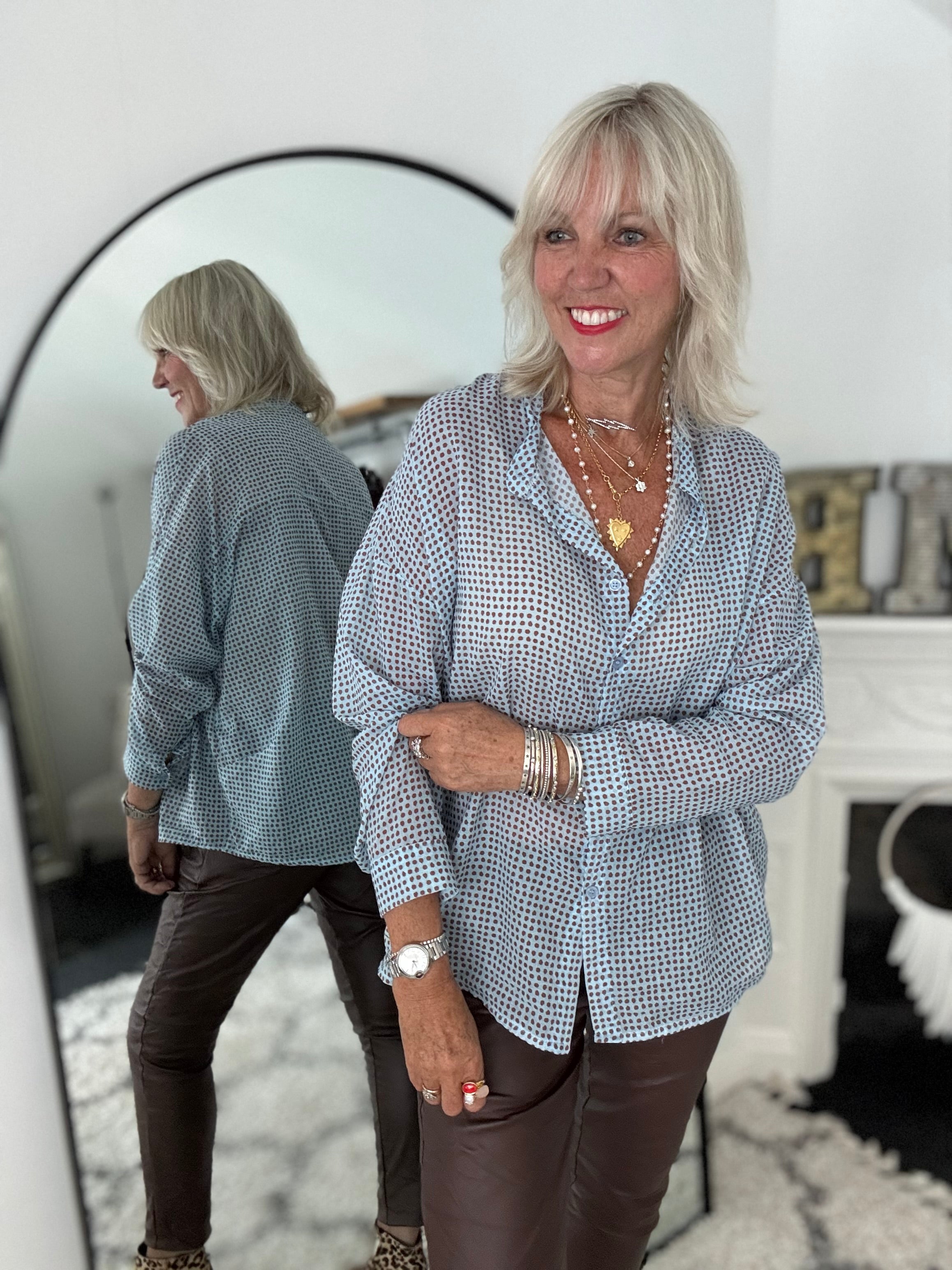 Lawn Cotton Dotty Shirt in Blue & Cocoa