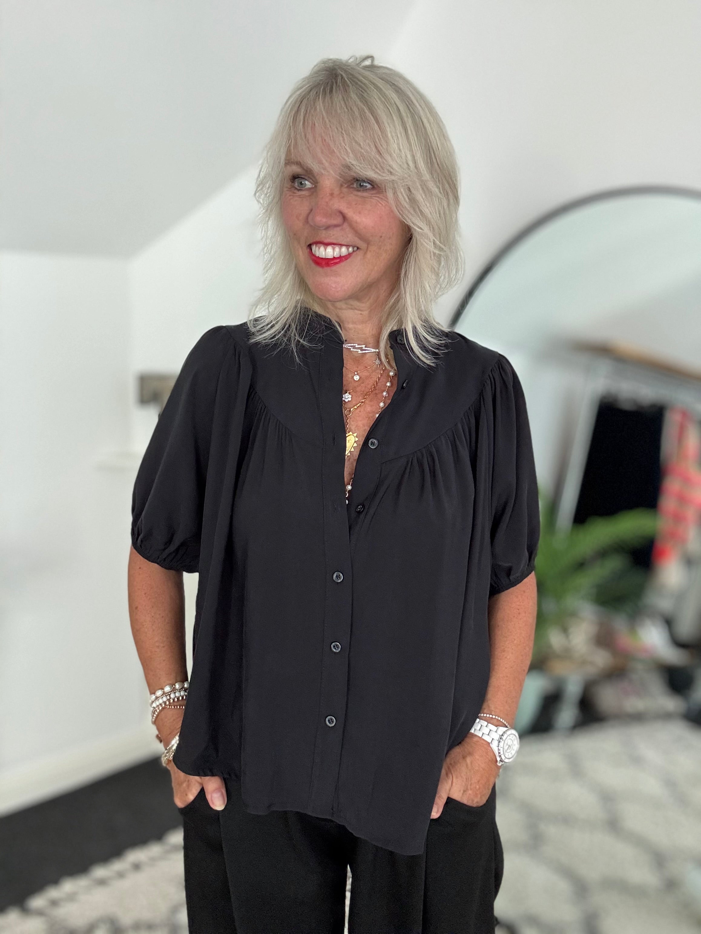 Luxe Gathered Yoke Blouse in Black