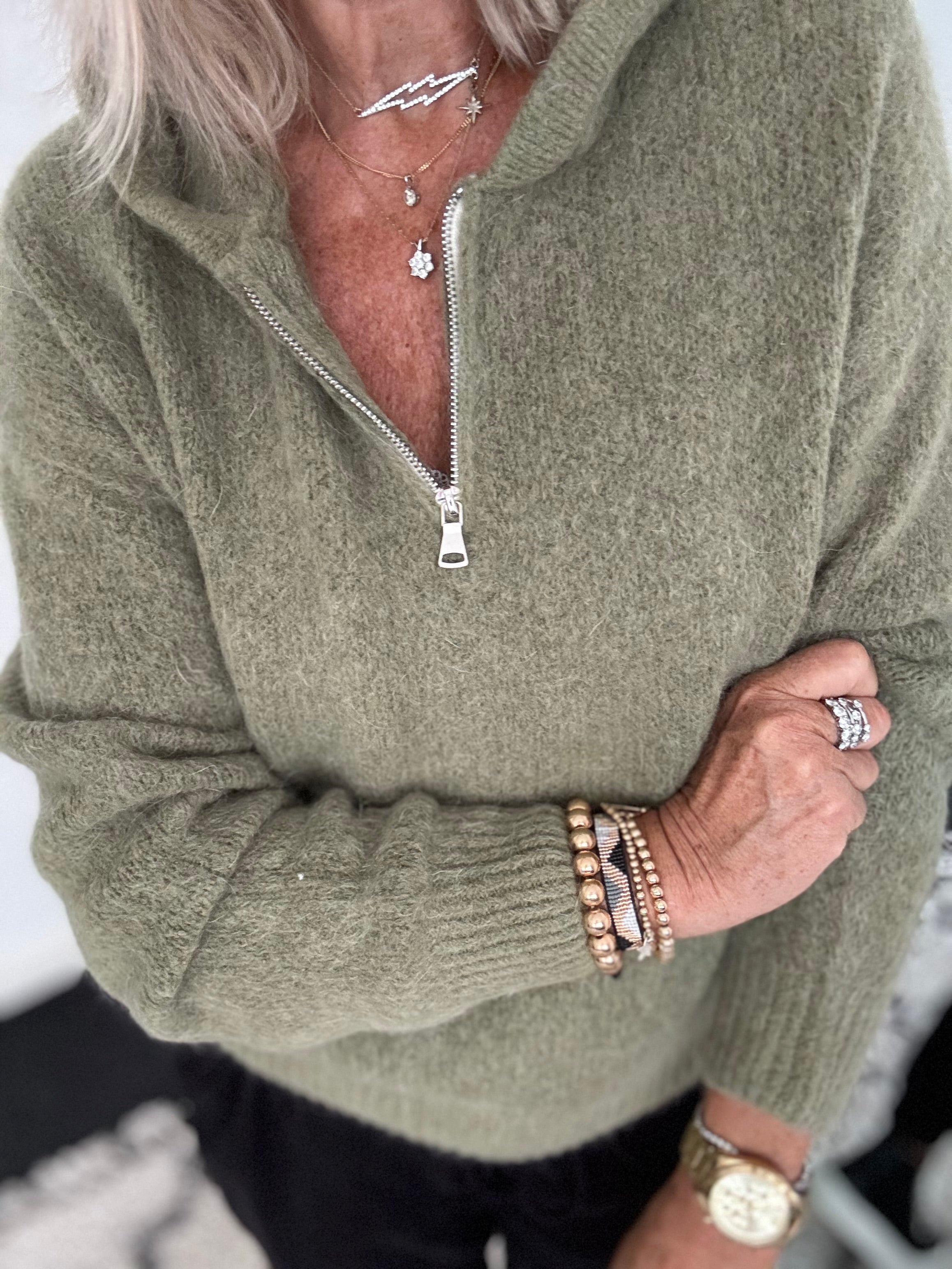Hooded Mohair Jumper in Khaki Olive