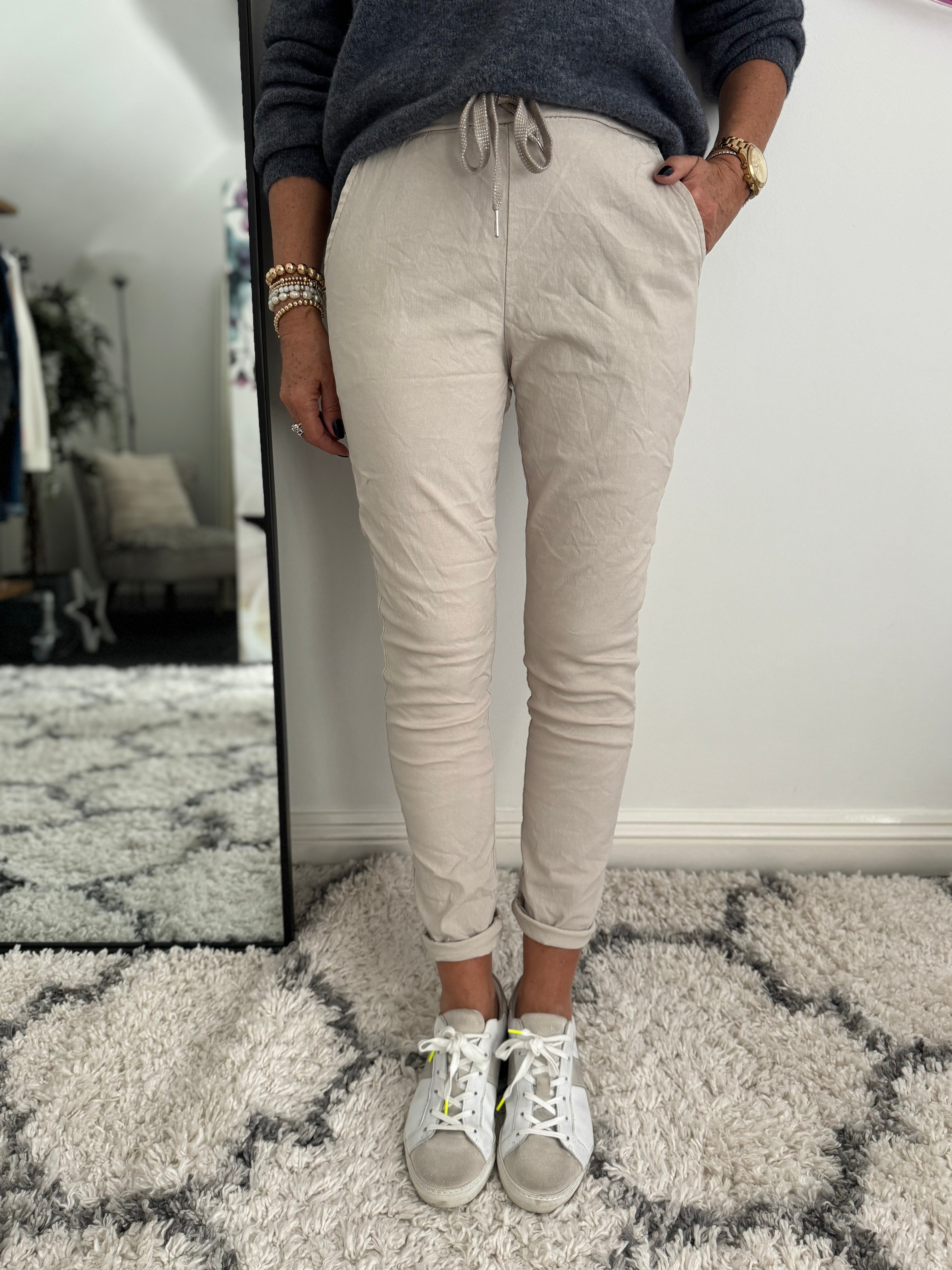 Super Stretch Joggers with Sparkly Tie in Stone