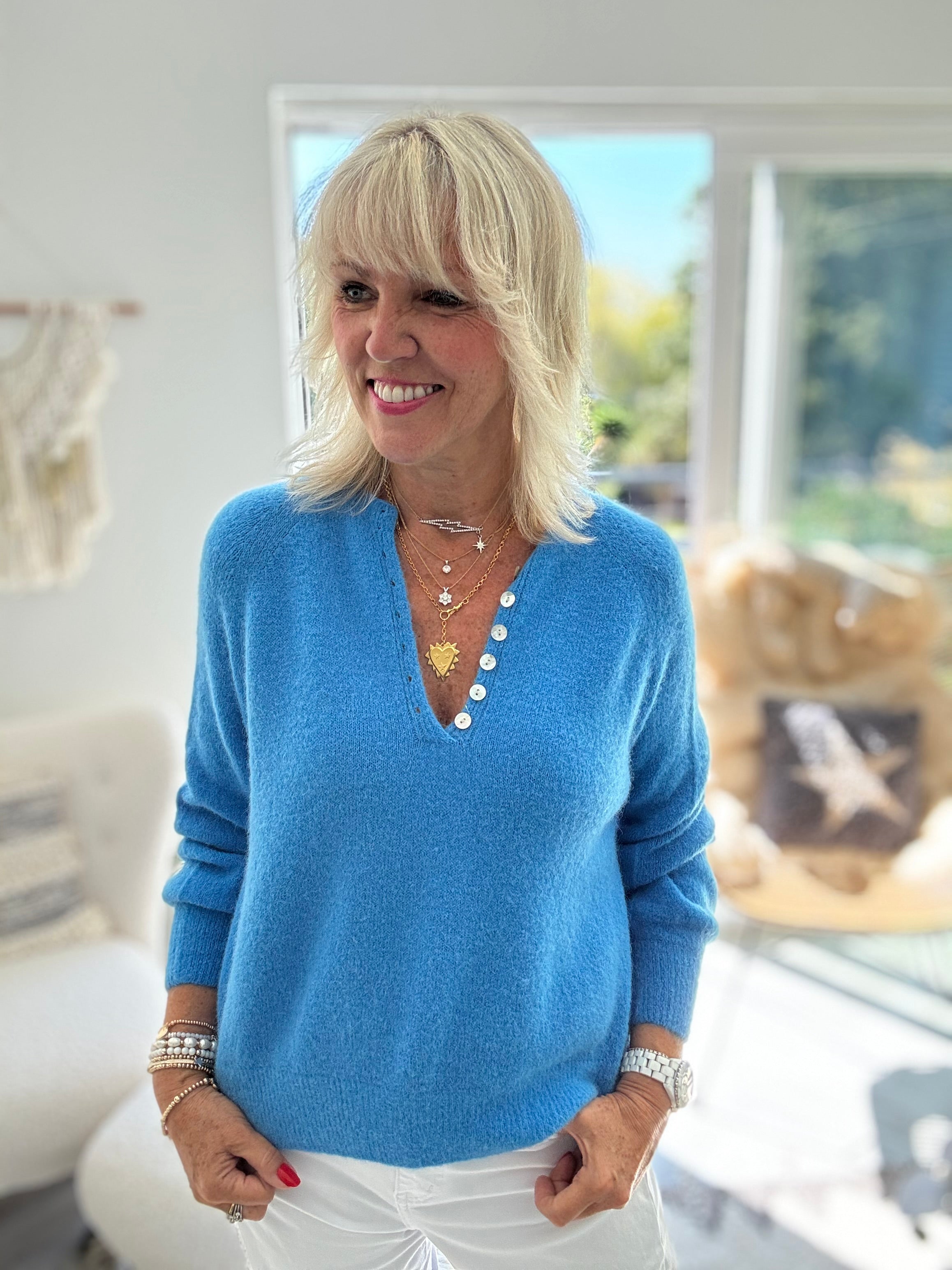 Softie Jumper with Button Neck in Sky Blue
