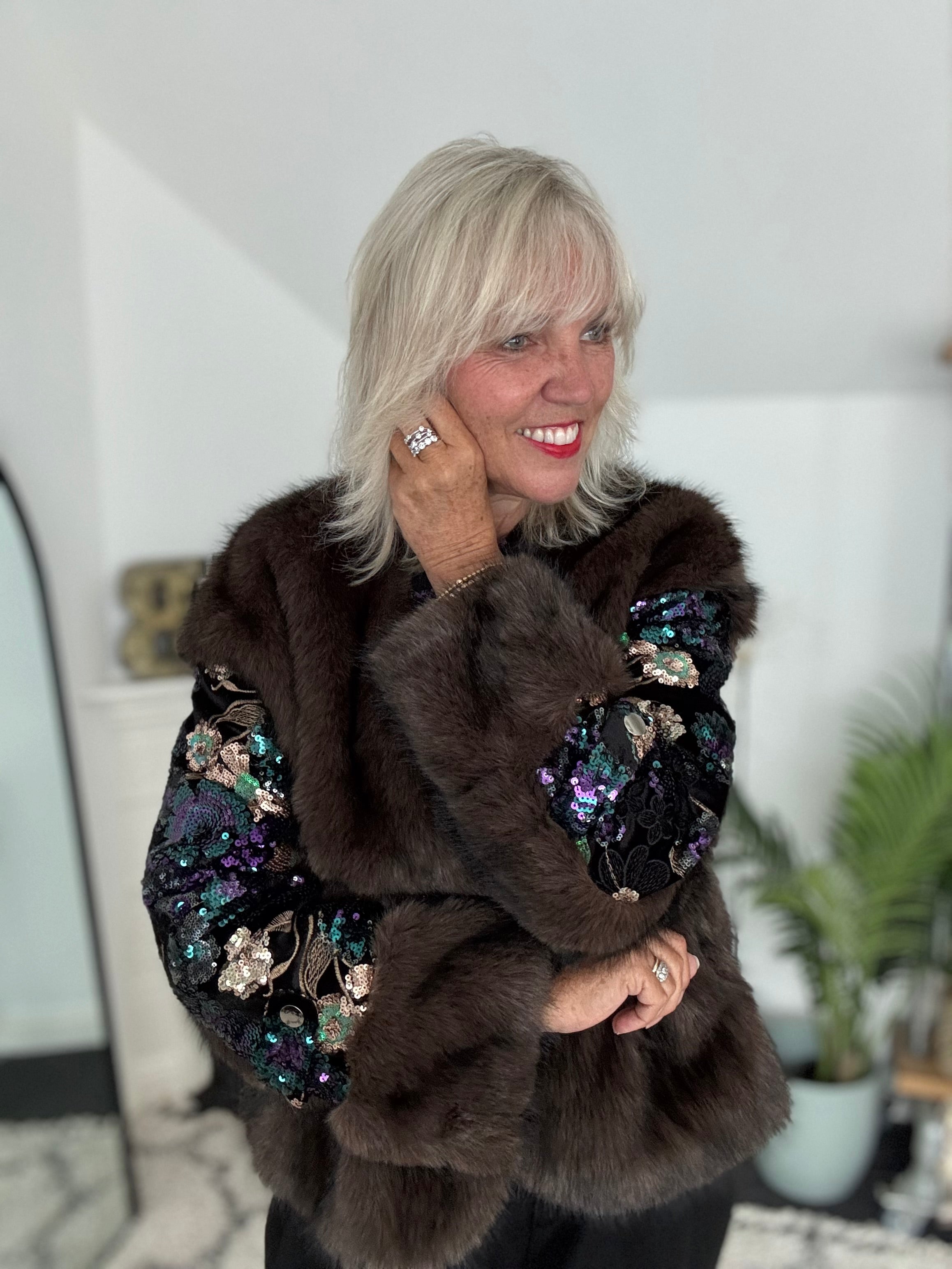 Faux Fur Jacket with Sequin Sleeves