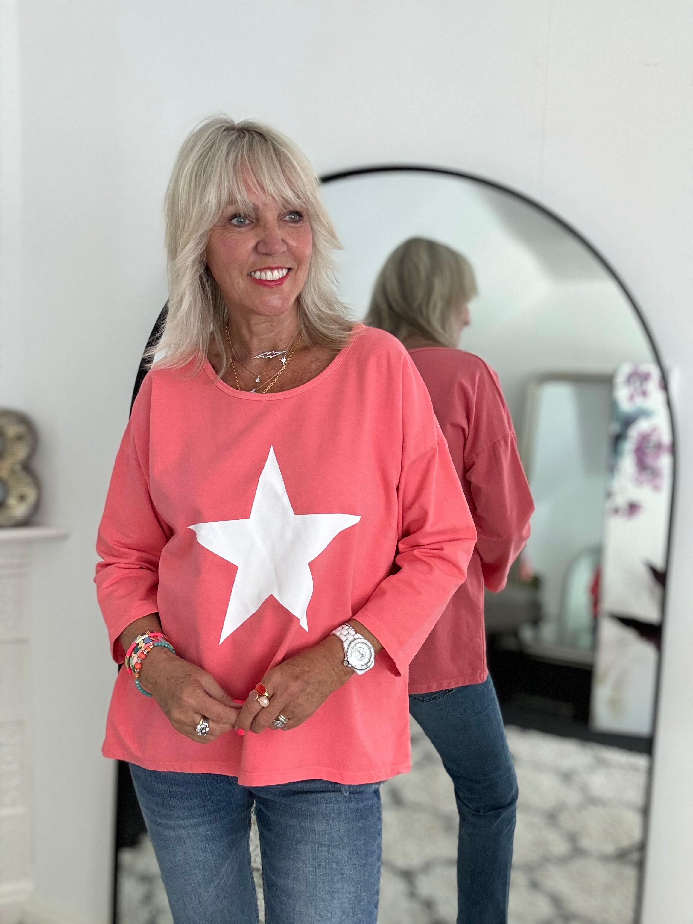 Scoop Neck Cotton Star Top in Coral