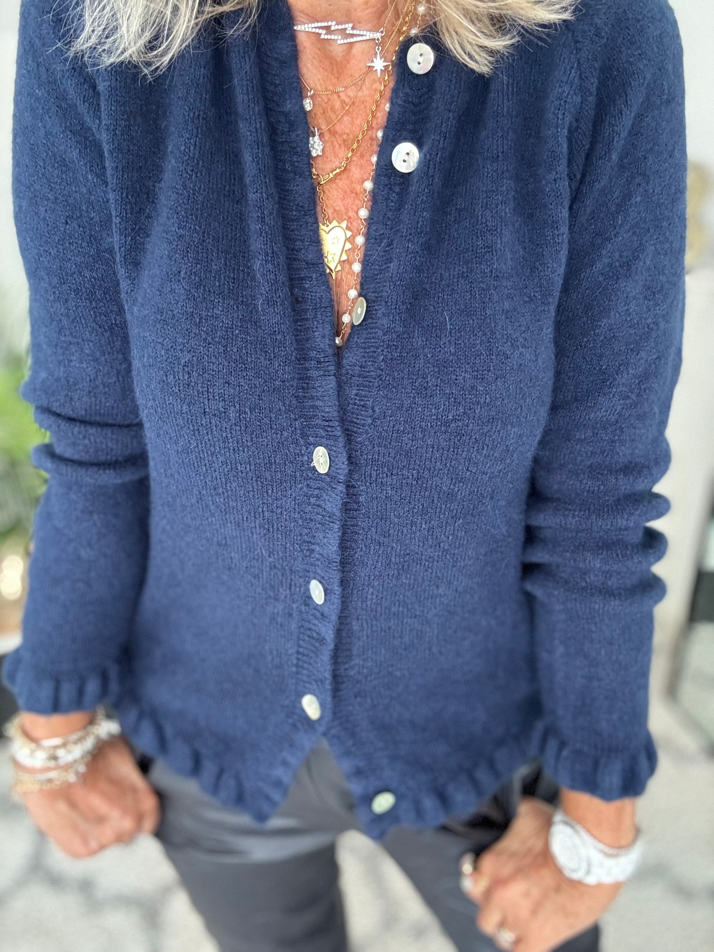 Alpaca Cardi with Frill Hems in Navy