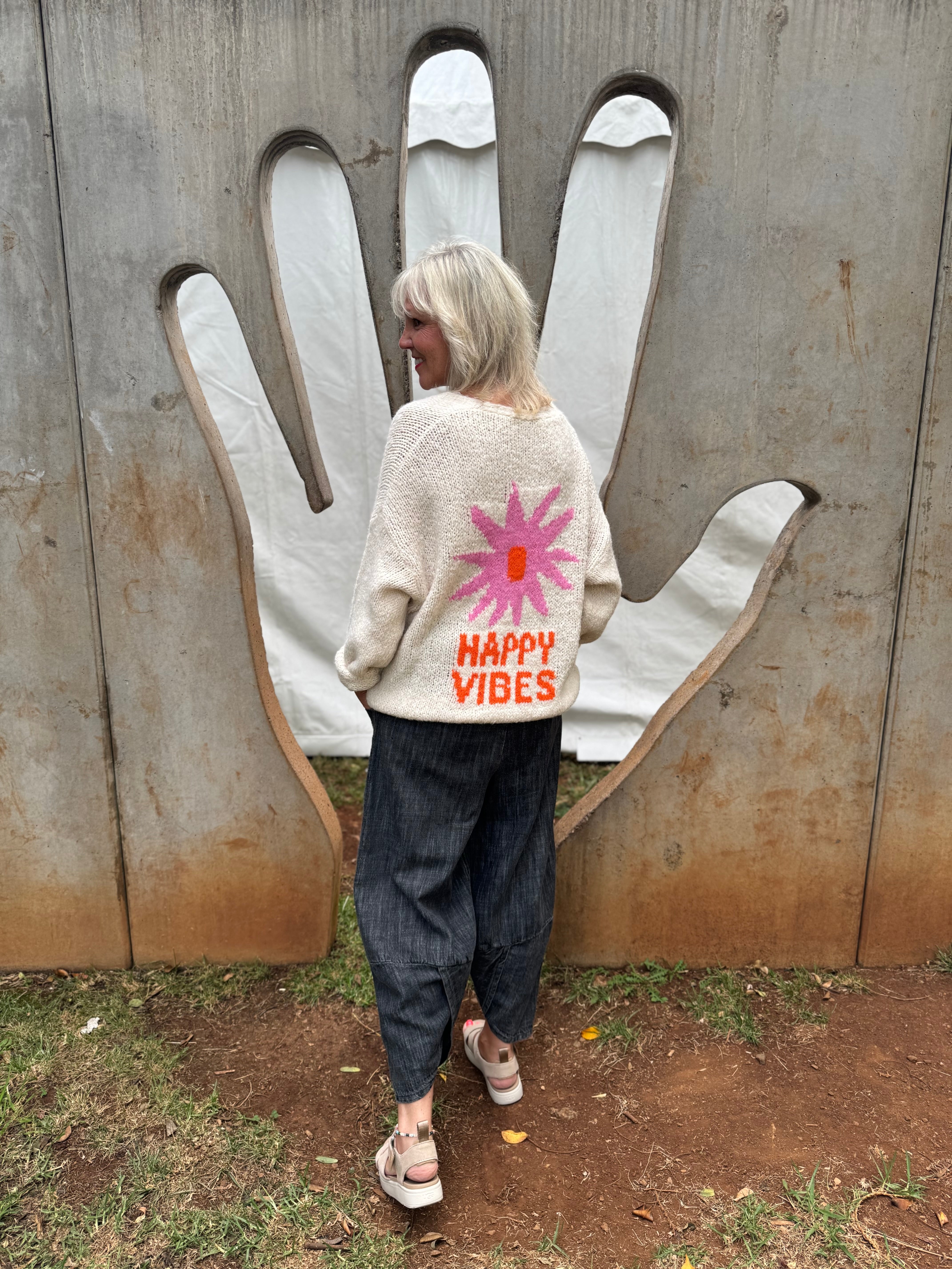 Oversized Happy Vibes Cardi in Stone