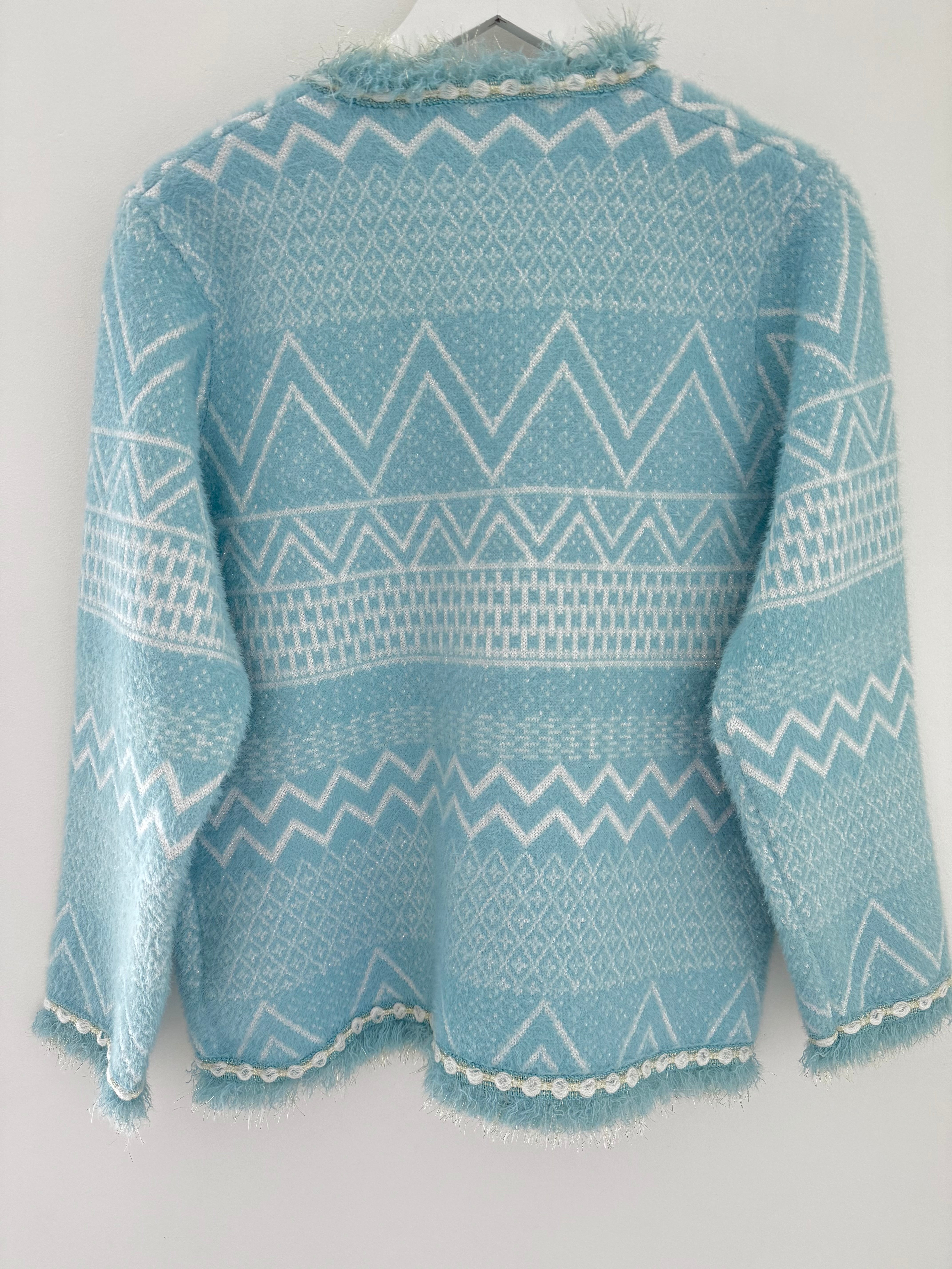 Pearl Button & Tweed Cardi Jacket in Tiffany Blue