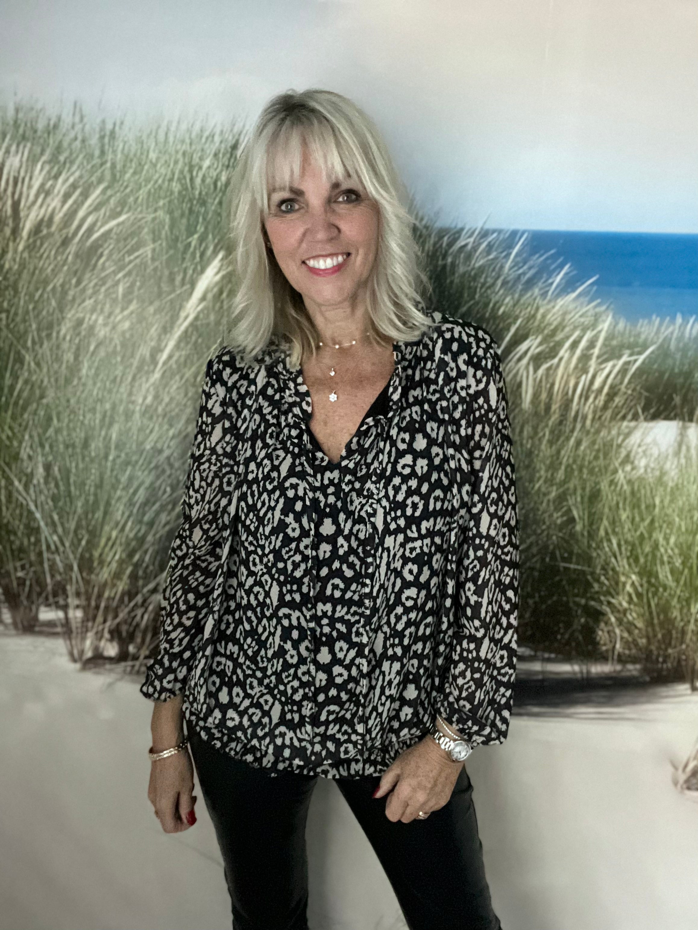 Leopard Print Blouse in Black & Stone