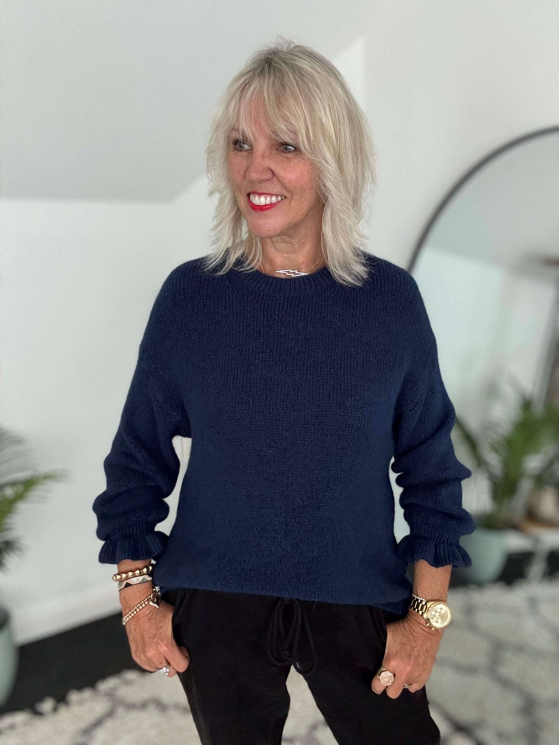Alpaca Jumper with Frill Cuffs in Navy