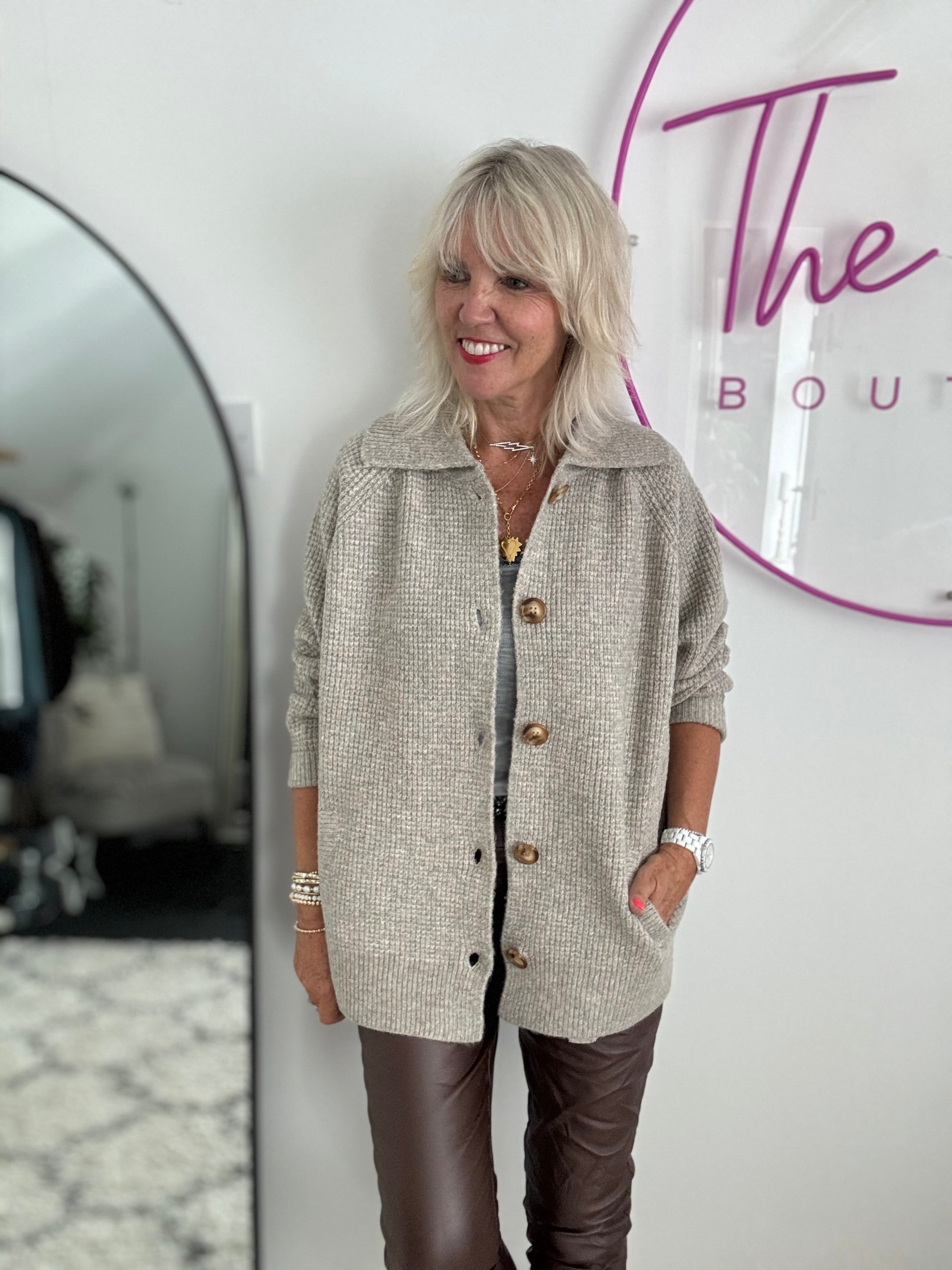 Fisherman Rib Knitted Jacket in Stone