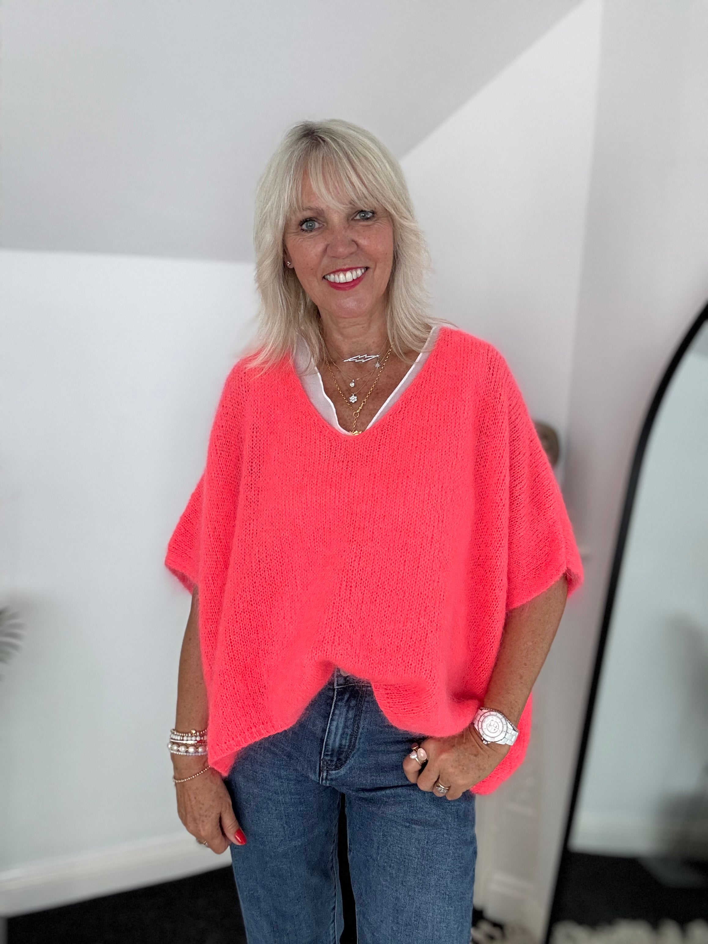 Oversized Mohair V Neck Tank in Neon Coral