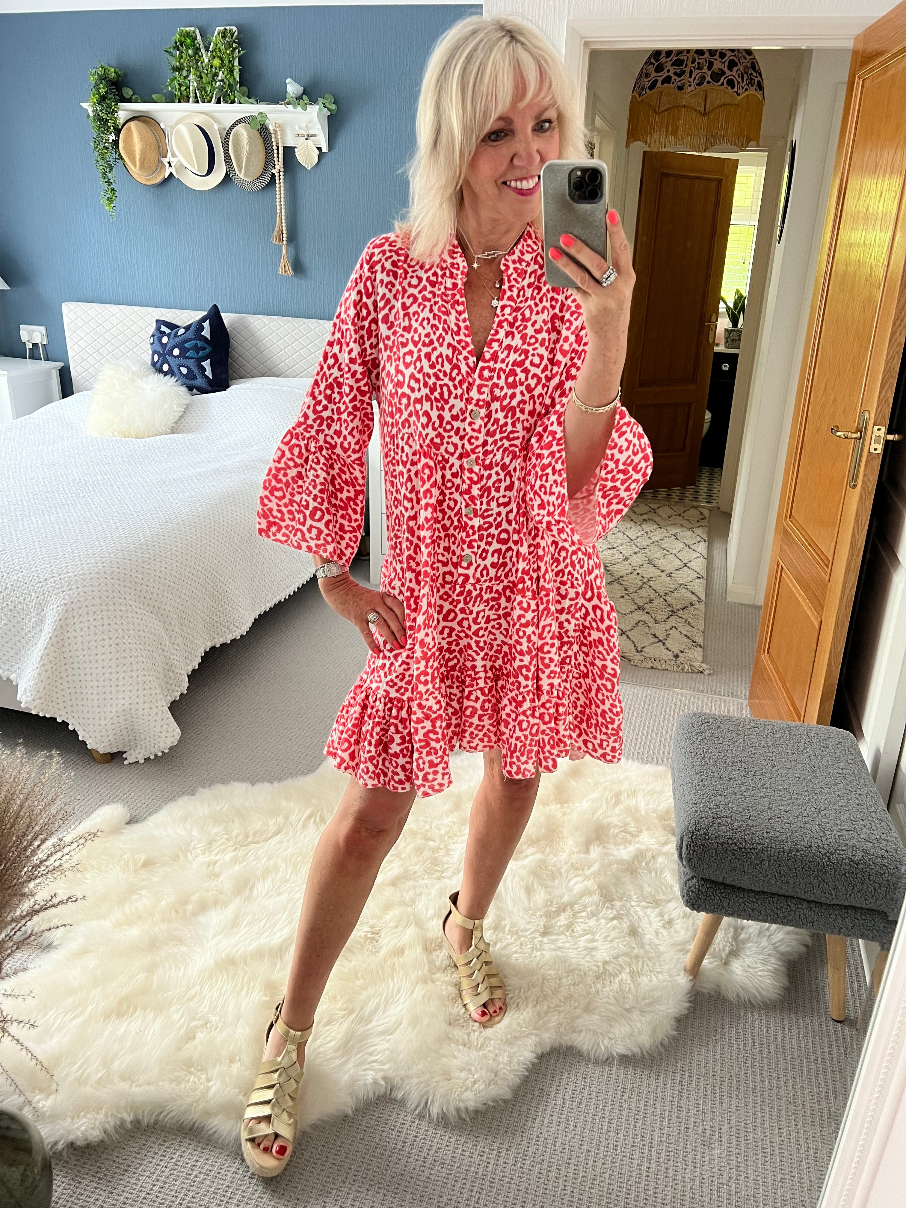 Cheesecloth Print Dress in Red & White