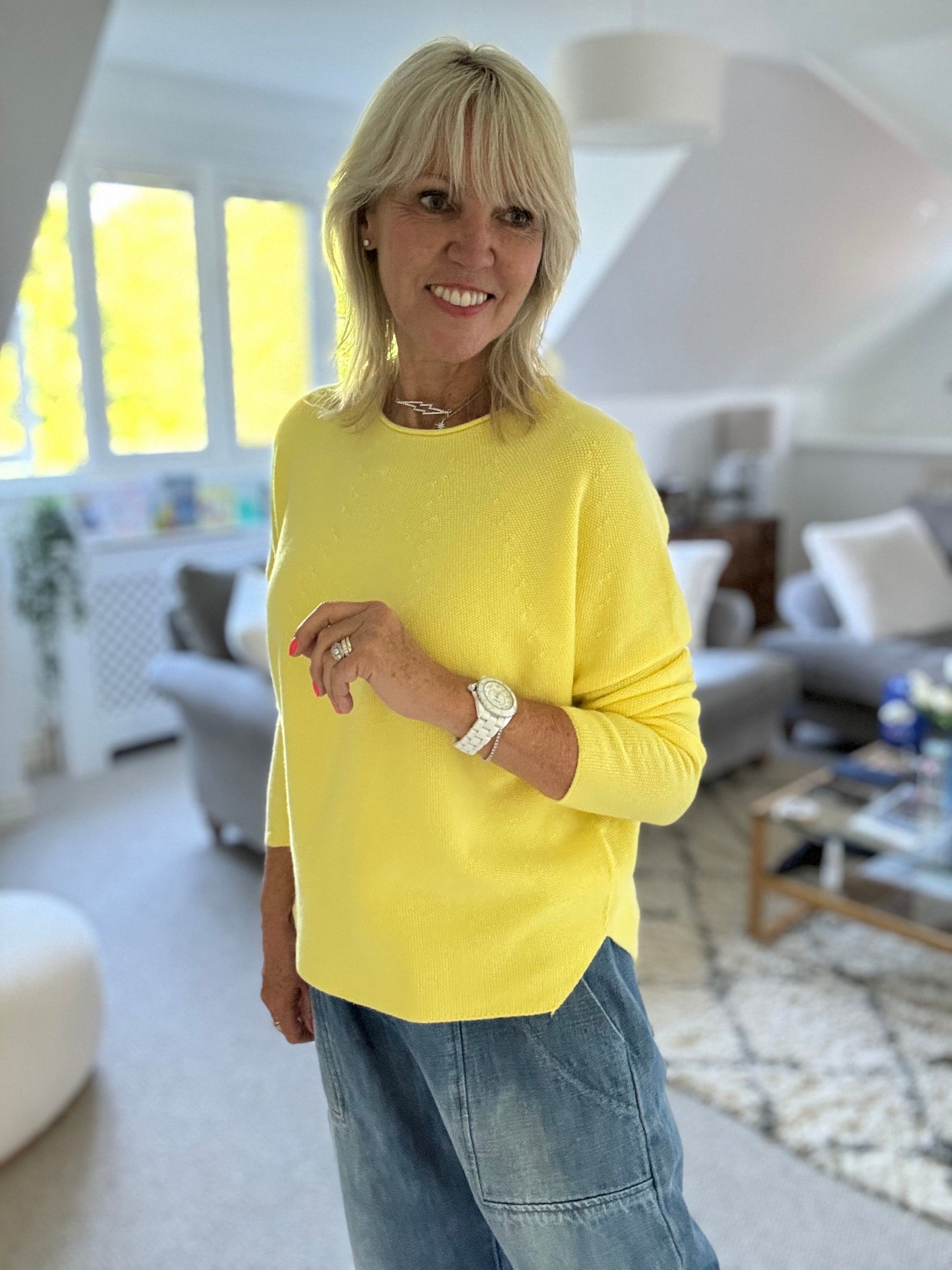 Moss Stitch Jumper with Ladder Back in Yellow