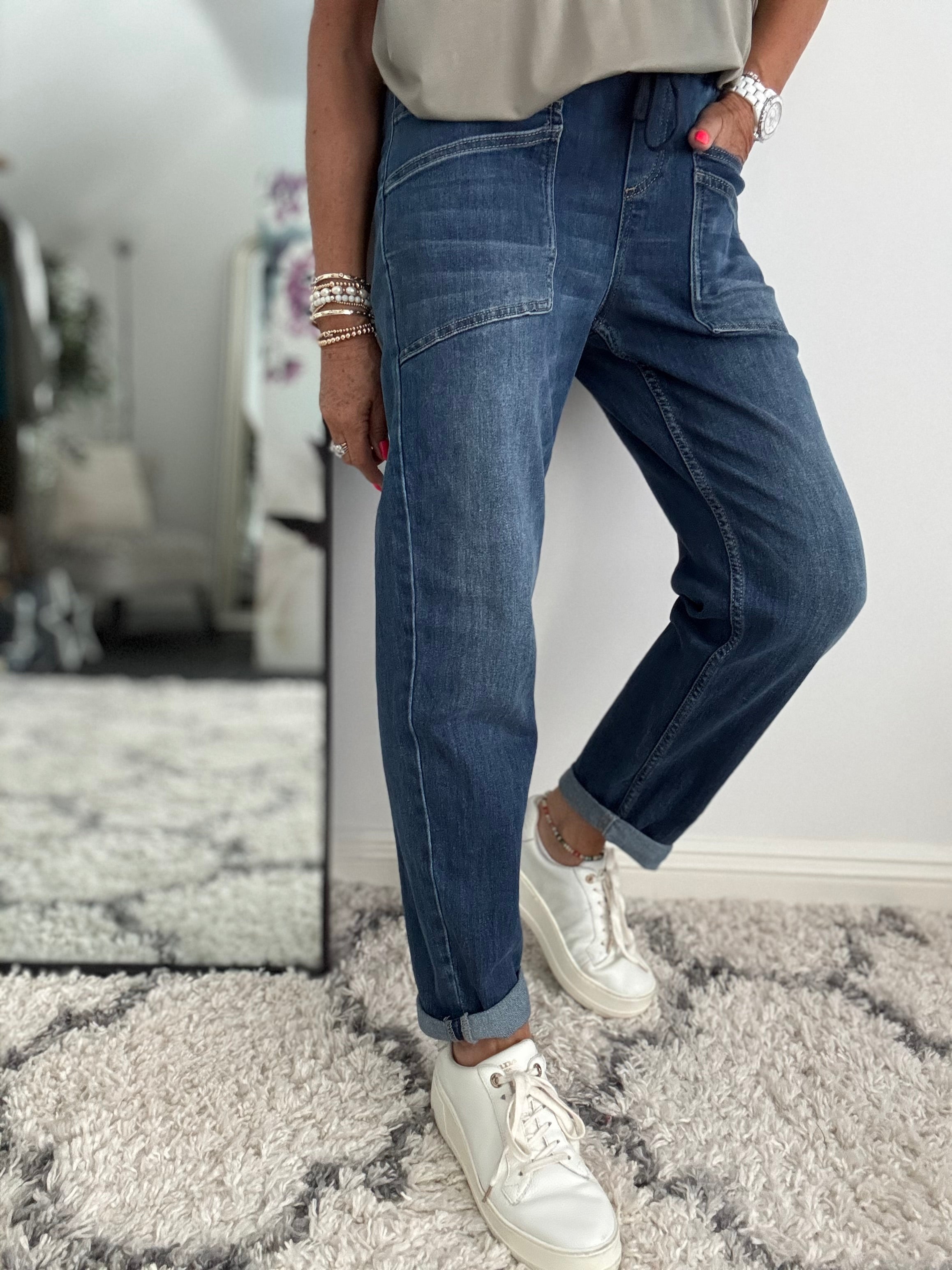 Double Pocket Jean Joggers with Elasticated Waist