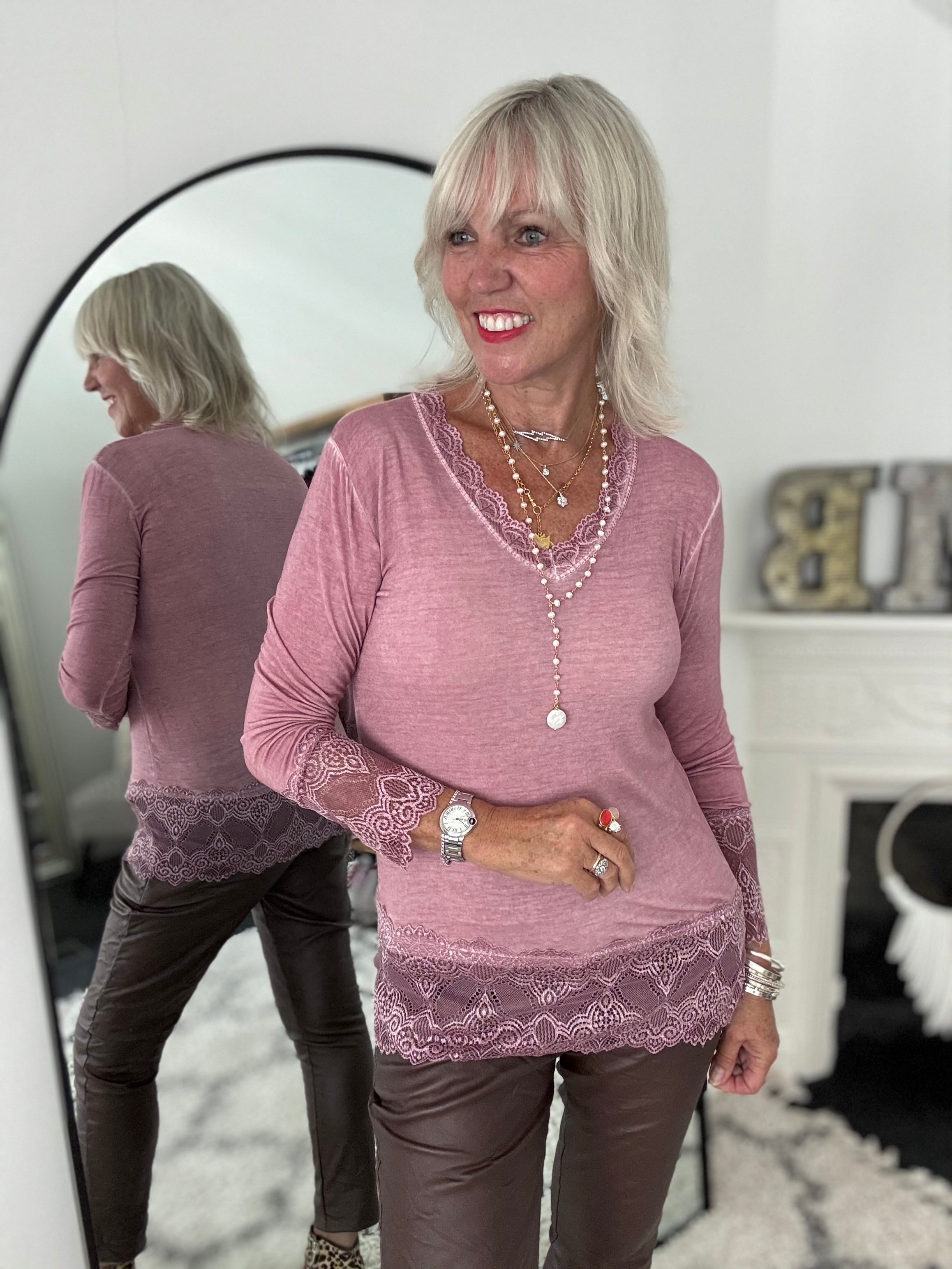 Luxe Base Top with Lace Trim in Deep Dusky Pink