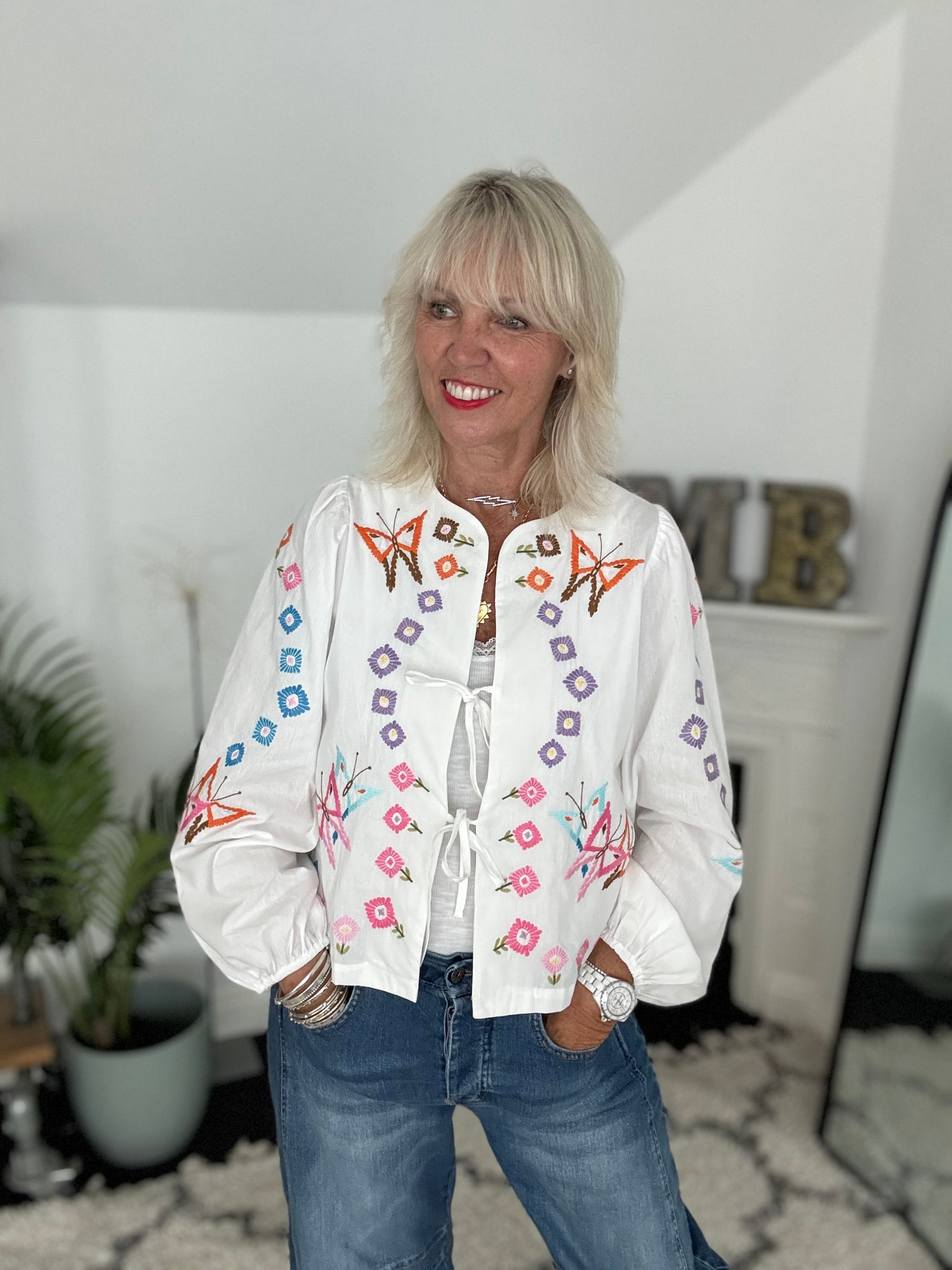 Embroidered Shirt Jacket with Tie Front