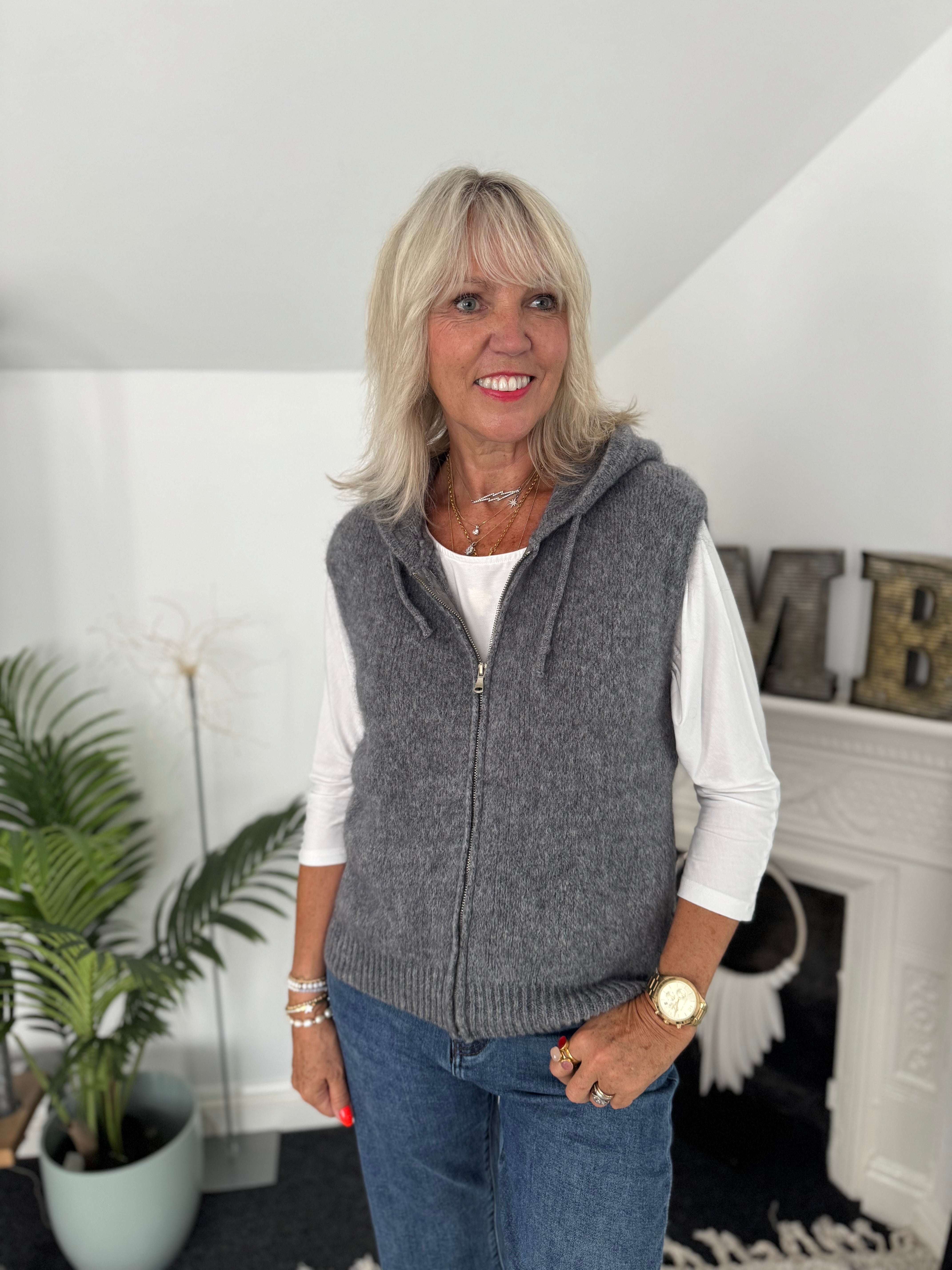 Hooded Mohair Gilet in Soft Charcoal