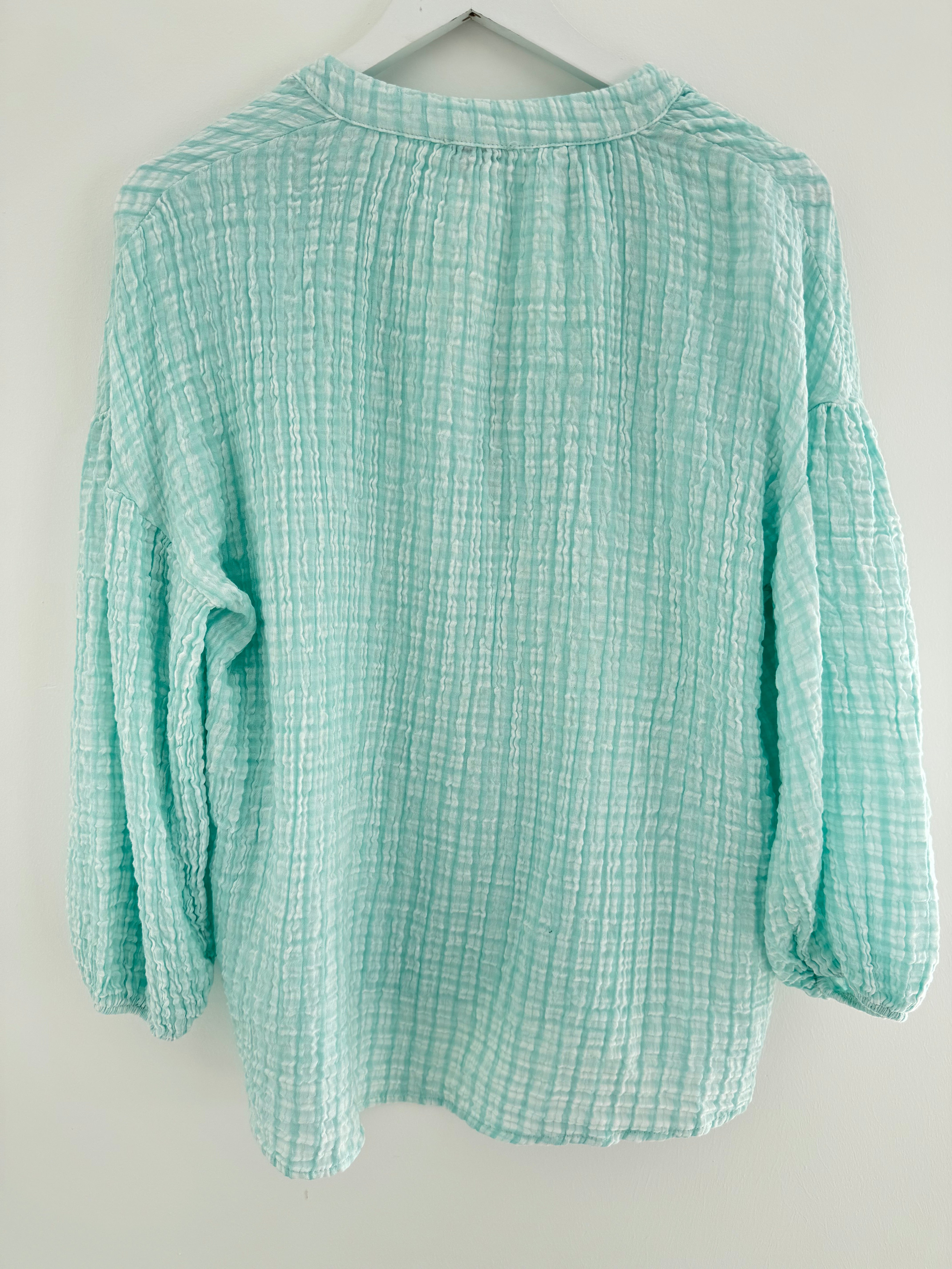 Gingham Seersucker Blouse in Aqua