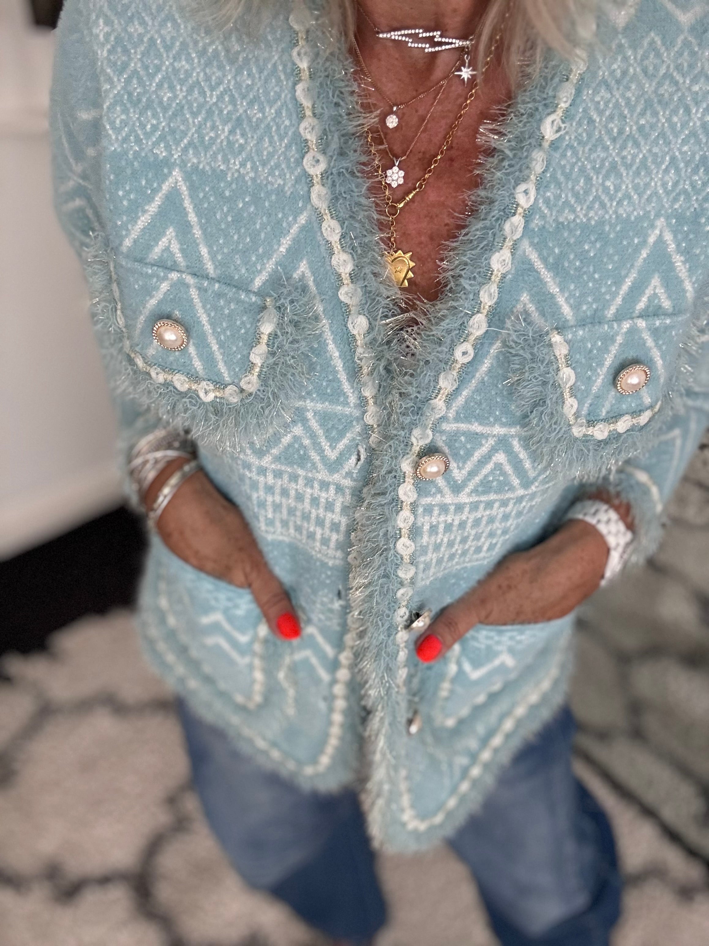 Pearl Button & Tweed Cardi Jacket in Tiffany Blue