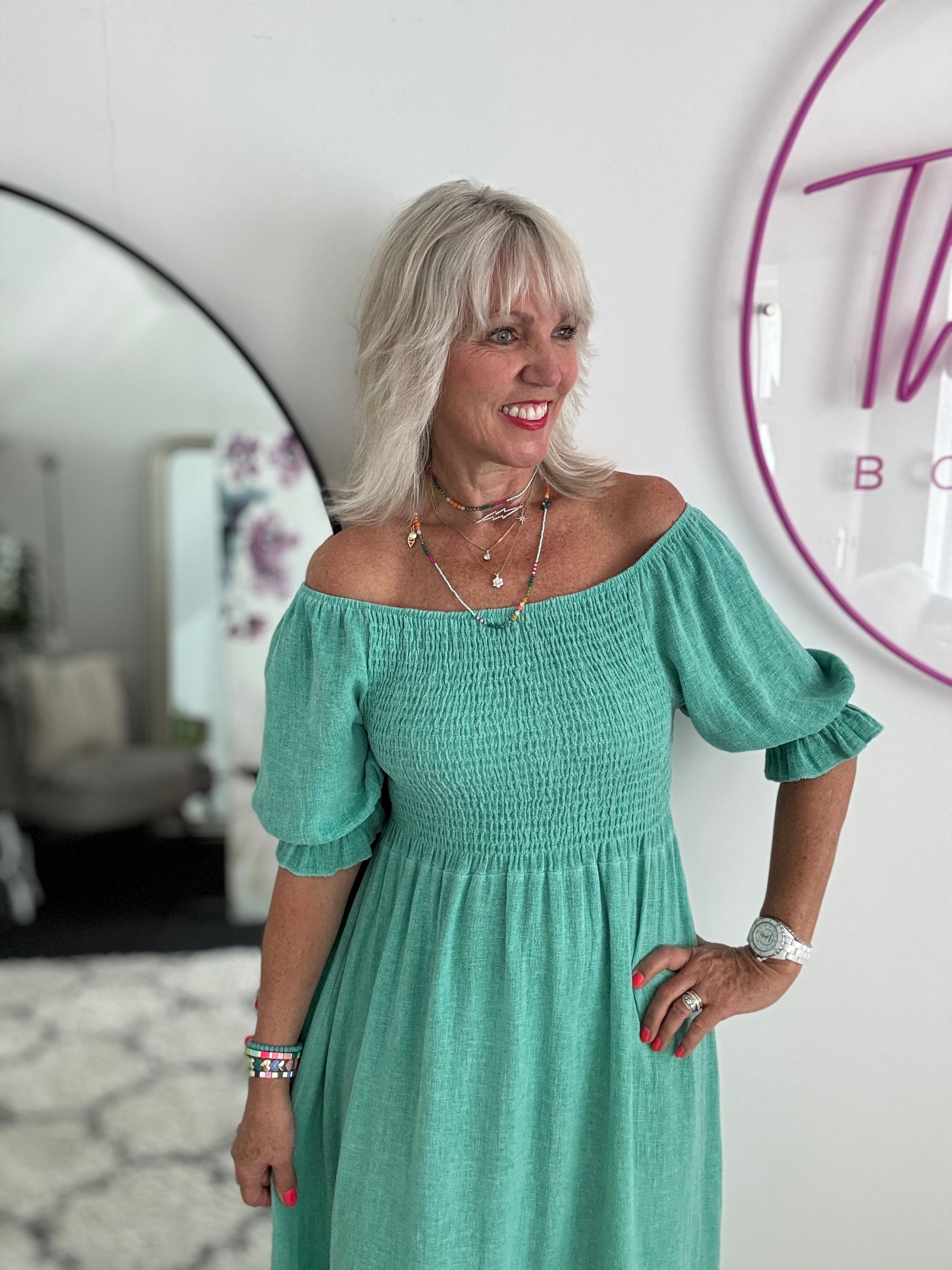 Cotton & Linen Shirred Dress in Ocean Green