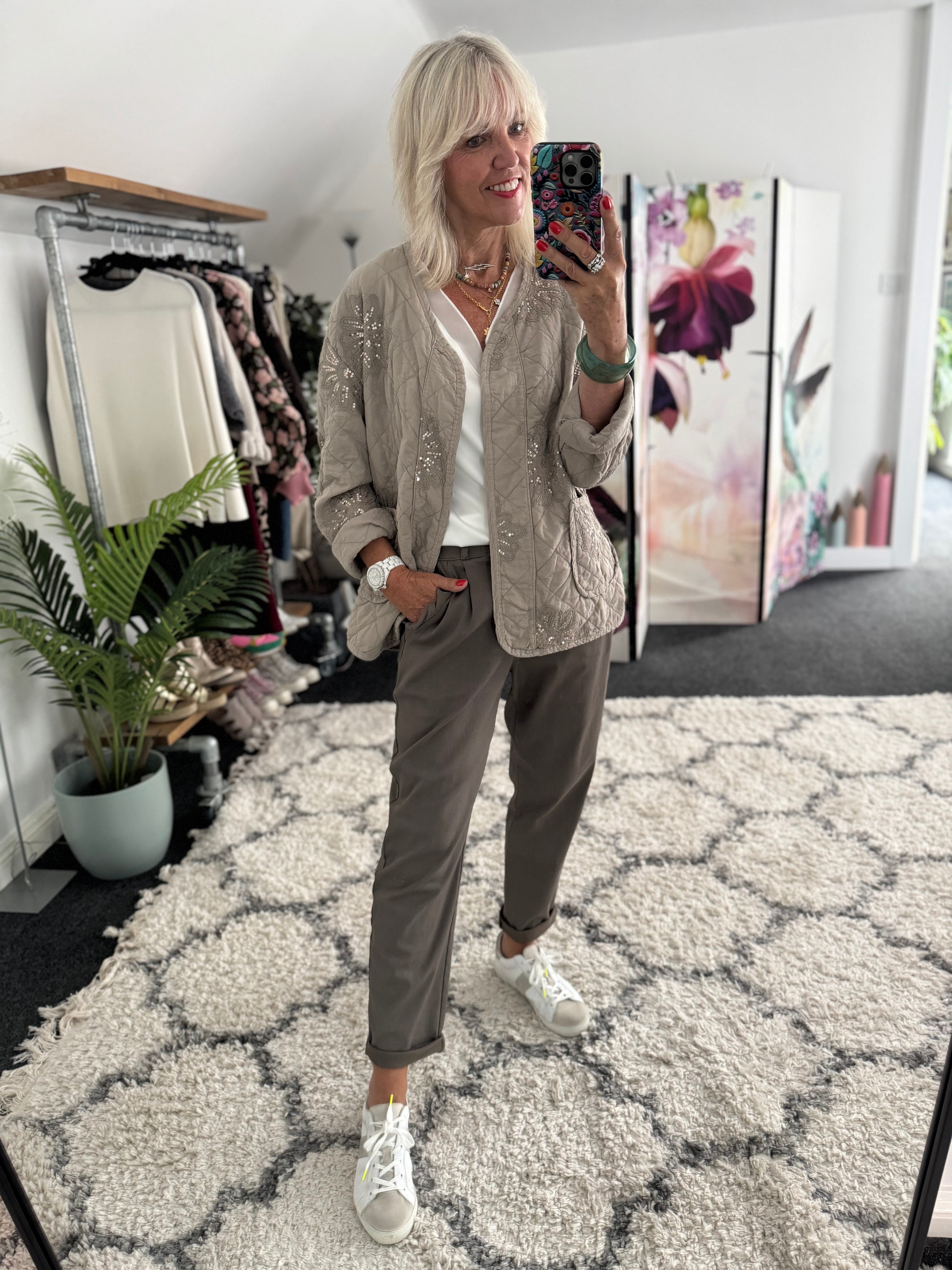 Luxe Stretch Trousers with Ruffle Pocket in Mocha